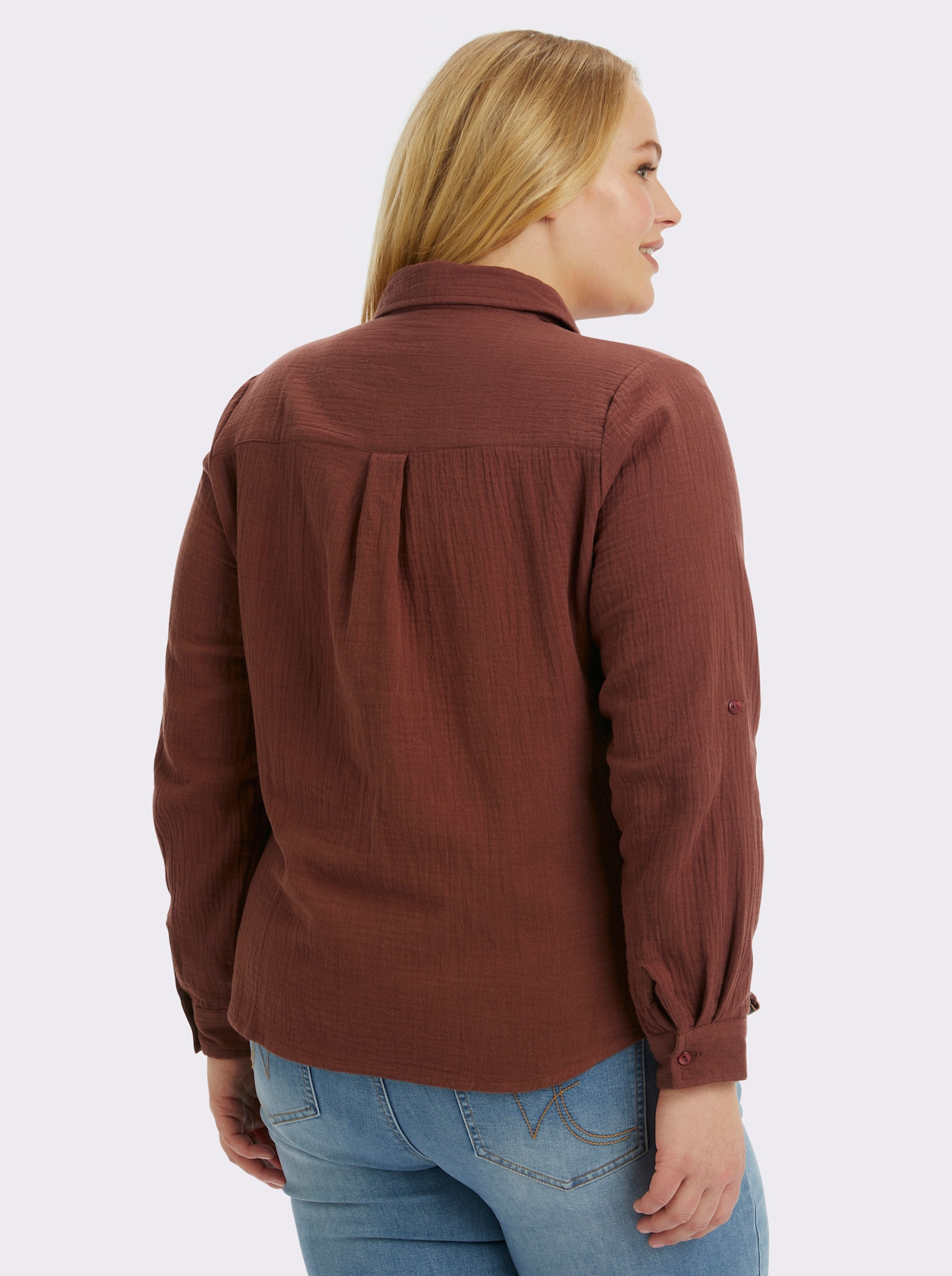 Baumwollbluse mit krempelbaren Ärmeln - rotbraun
