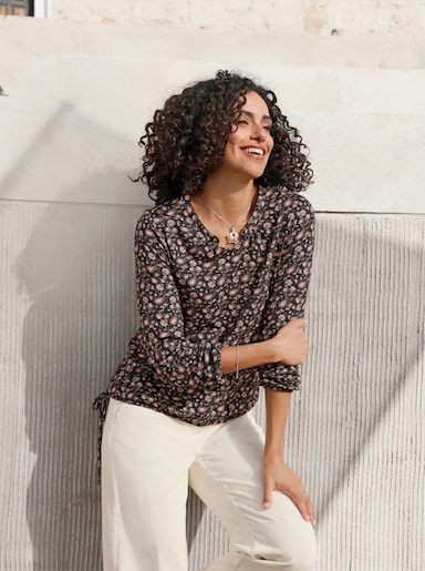 Print-Shirt mit Gummizug am Ärmel - schwarz-papaya-bedruckt