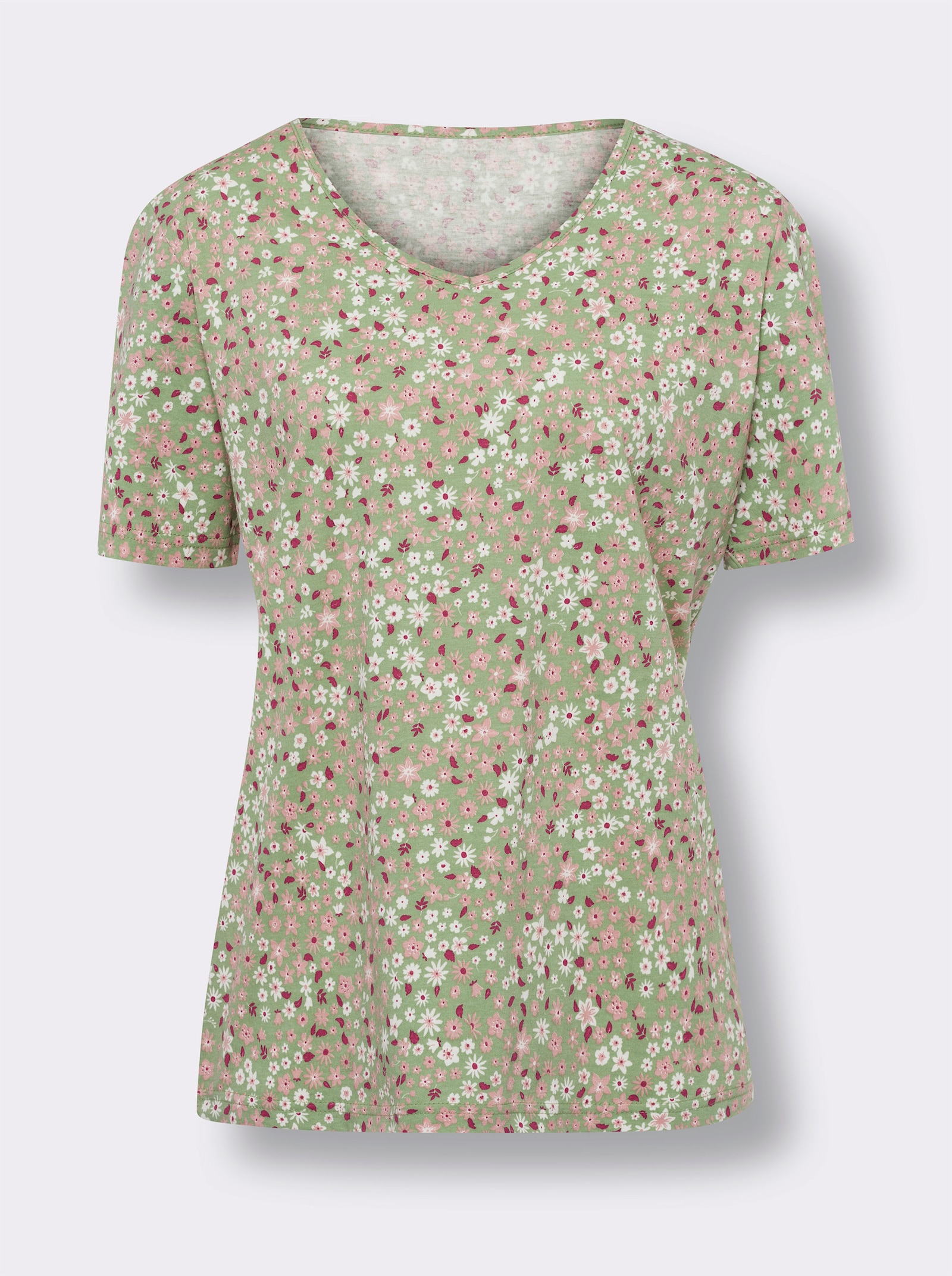 Kurzarmshirt aus Baumwolle, Millefleurs - eucalyptus-rosenquarz-bedruckt