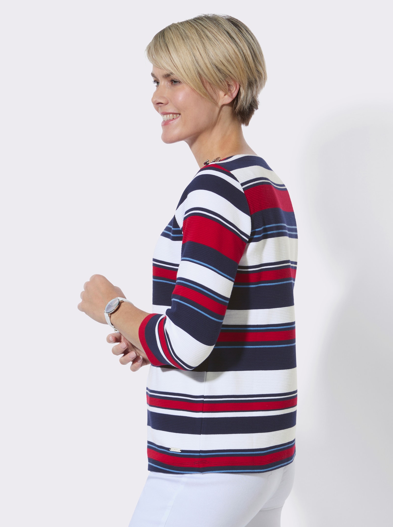 Ringelshirt mit Zierknöpfen an den Schultern - marine-rot-geringelt