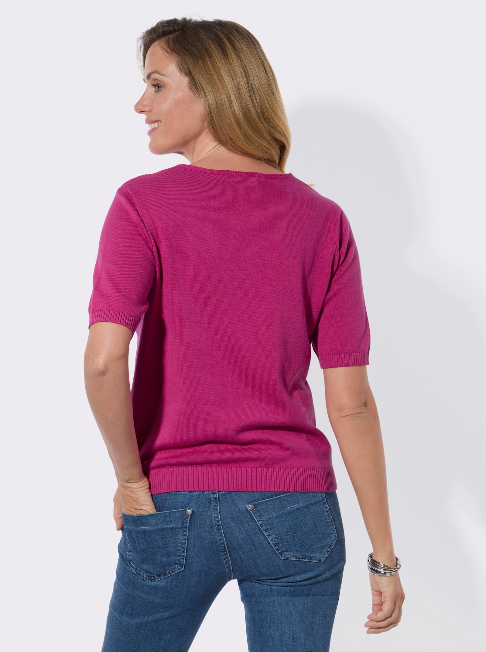 V-Ausschnitt-Pullover mit V-Strukturstrick vorn - fuchsia