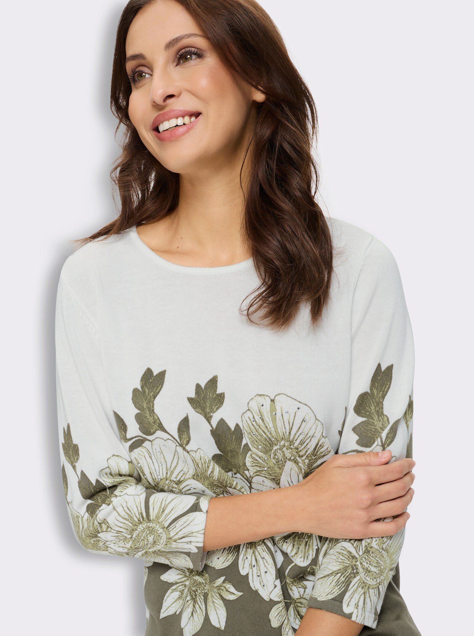 3/4-Arm-Pullover mit platziertem Druckdessin und Glitzersteinchen - weiß-khaki-bedruckt
