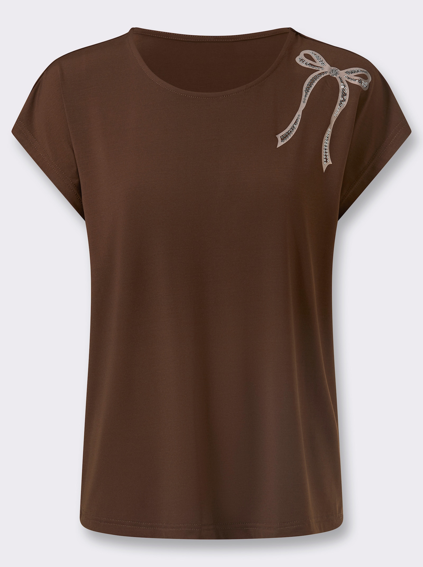 Kurzarmshirt mit Schleifchen-Stickerei - schoko