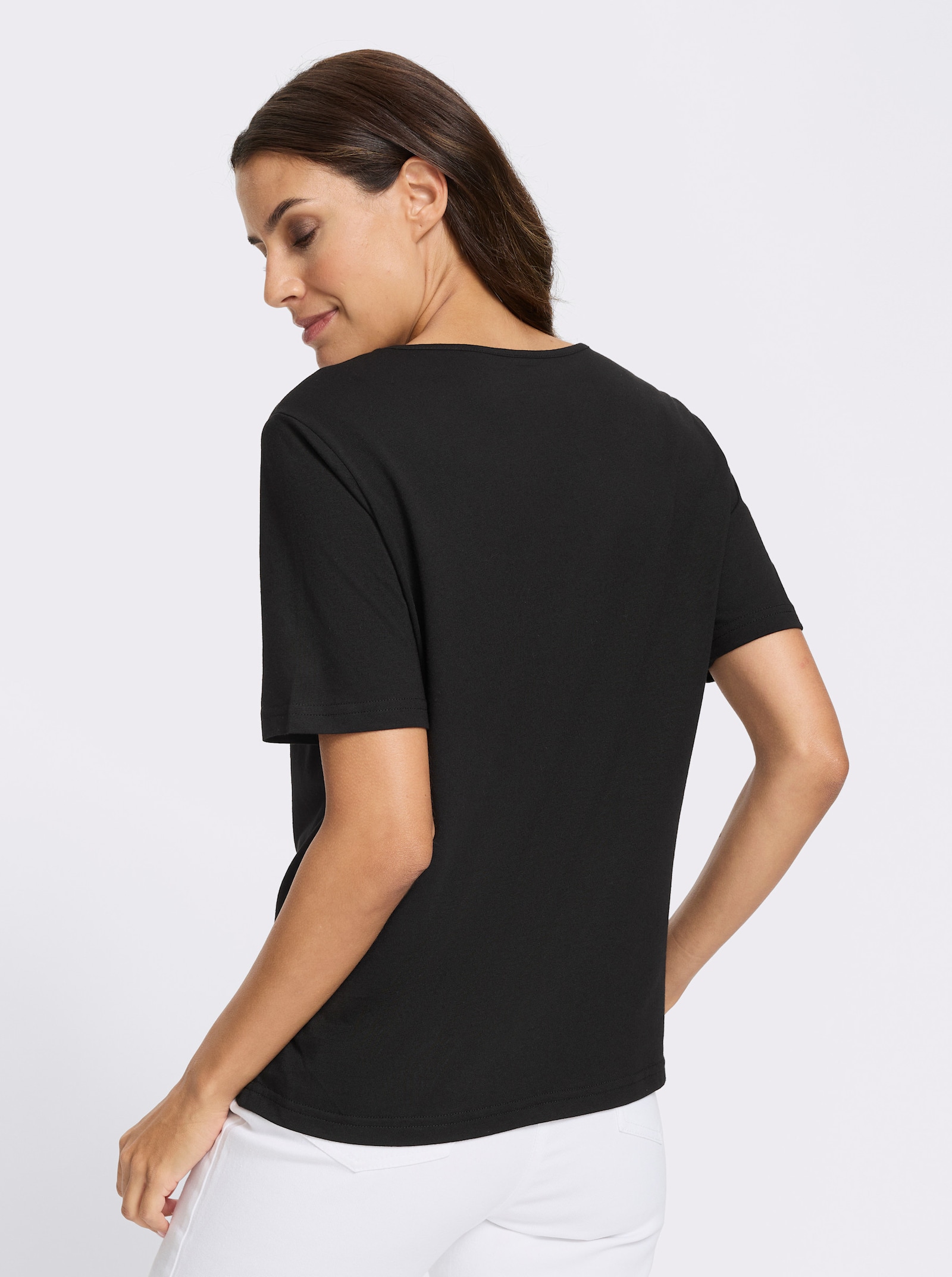 Kurzarmshirt mit Blüten und Schriftzug - schwarz-ecru