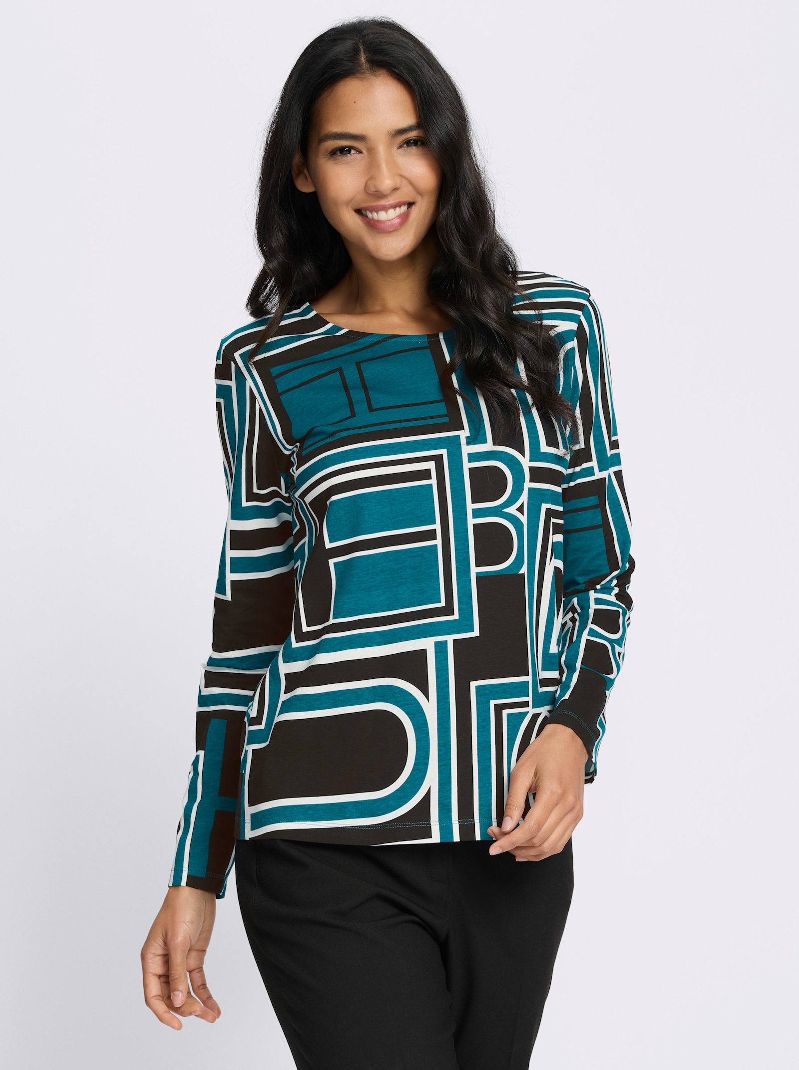 Langarmshirt mit grafischem Druck - aquapetrol-schwarz-bedruckt