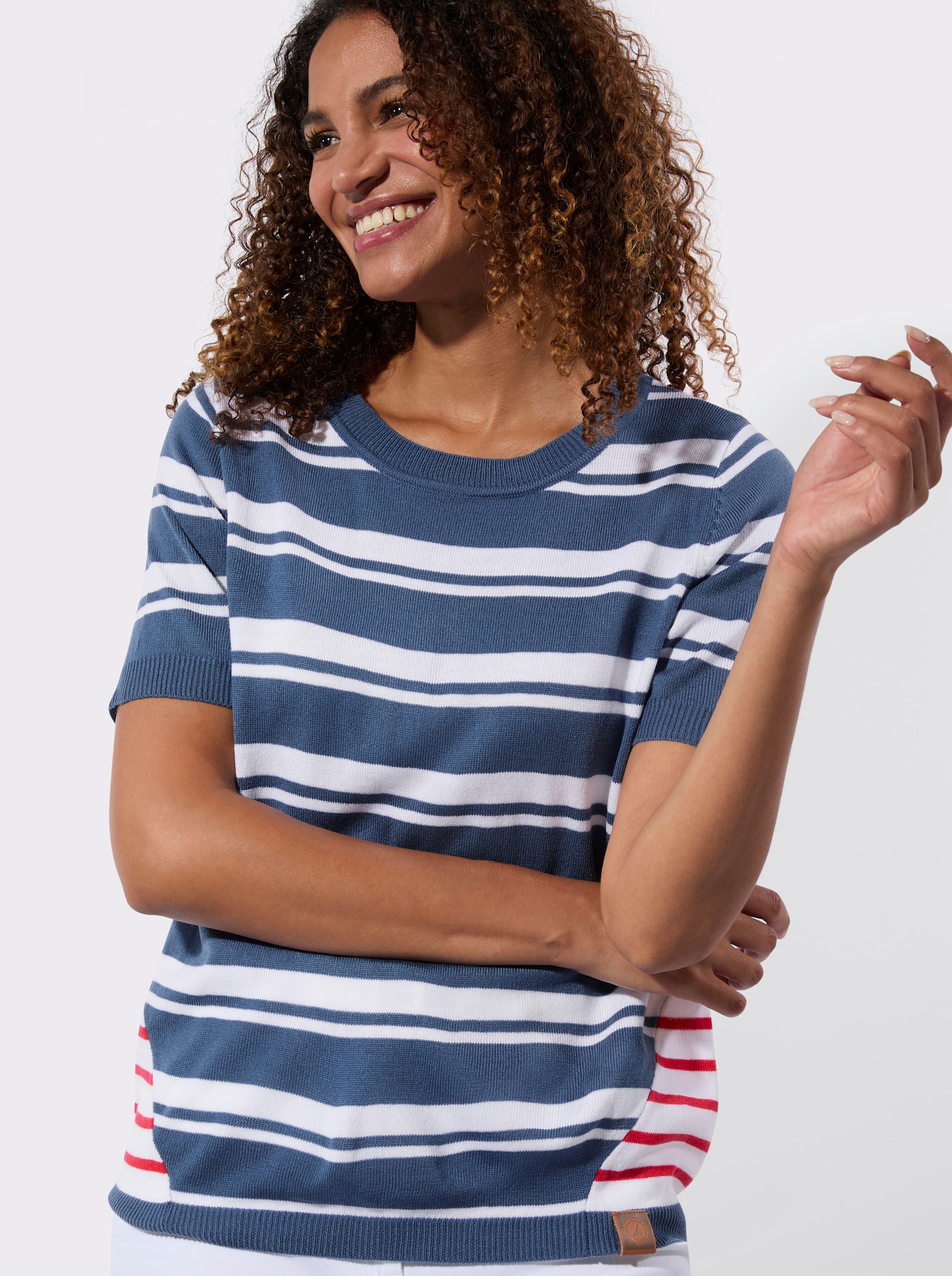 Kurzarm-Pullover - jeansblau-weiss-gestreift