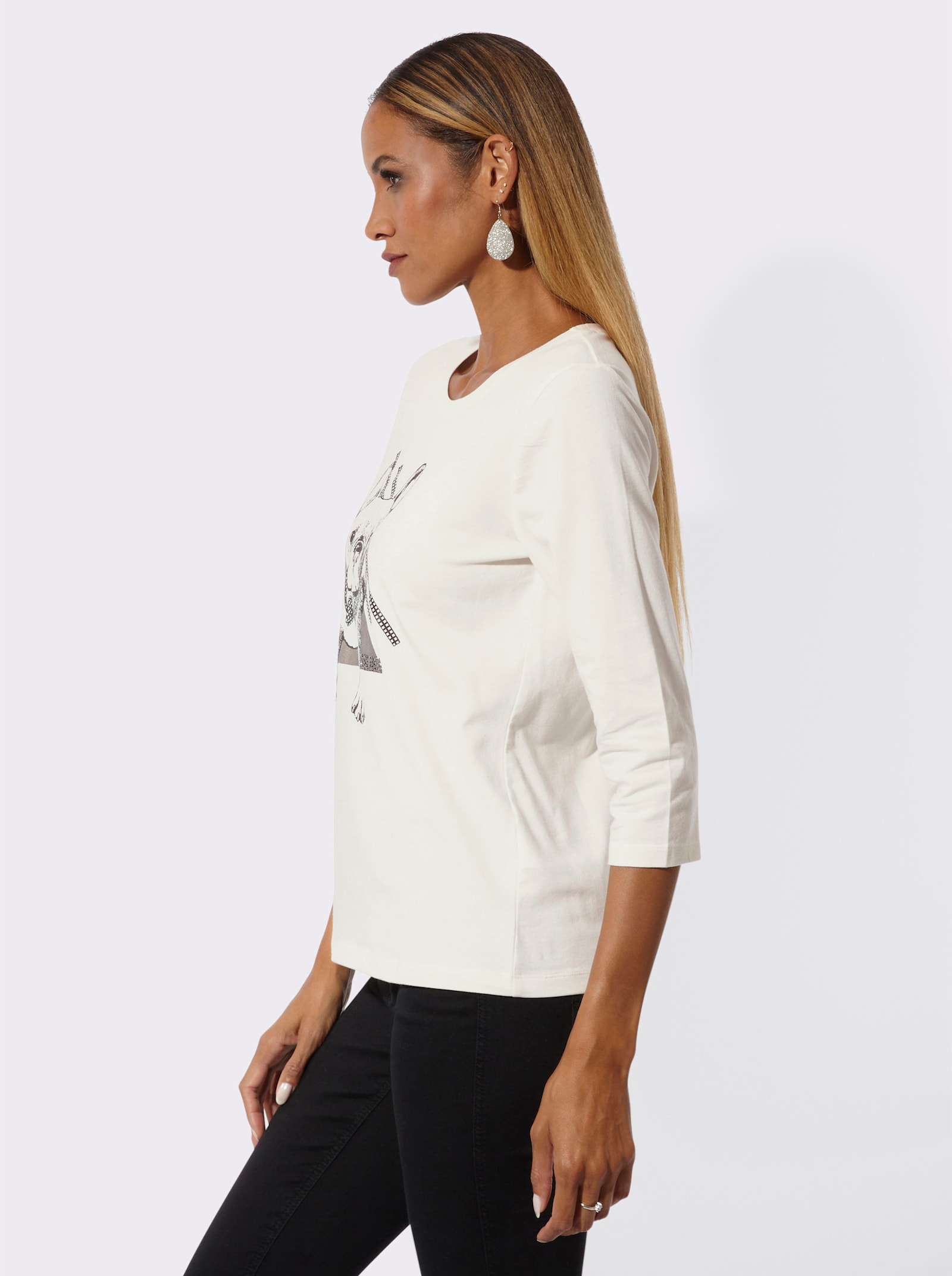 3/4-Arm-Shirt mit Glitzersteinchen - ecru-schwarz-bedruckt