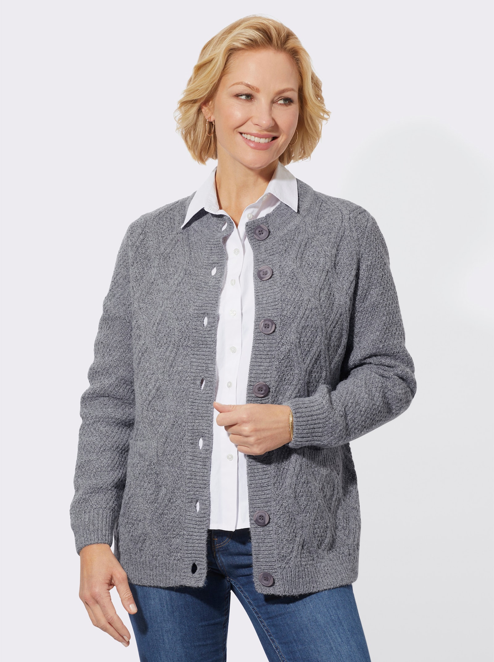 Strickjacke mit Rautenmuster - steingrau-meliert