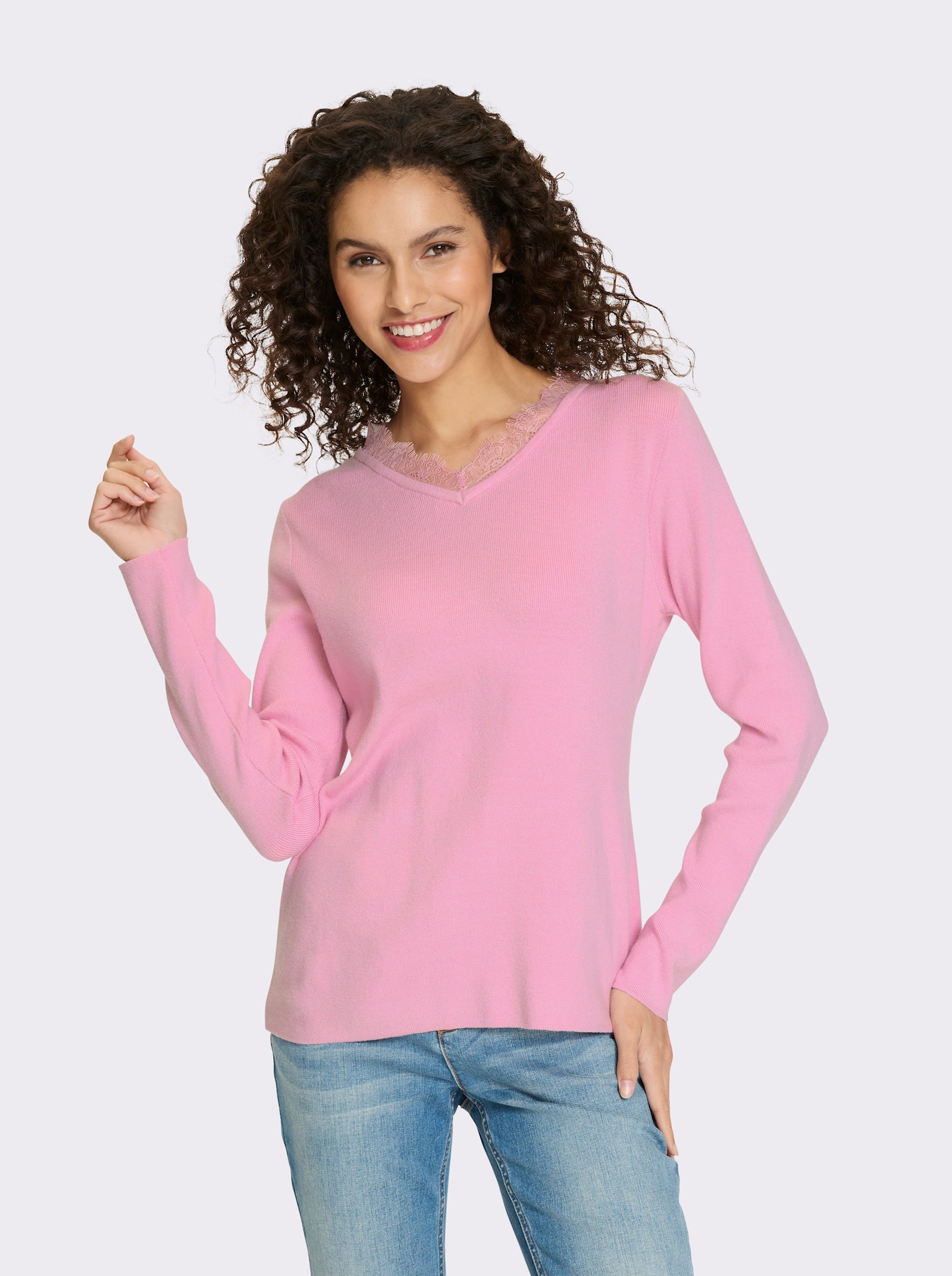 heine Pull en tricot fin avec bordure en dentelle - rose