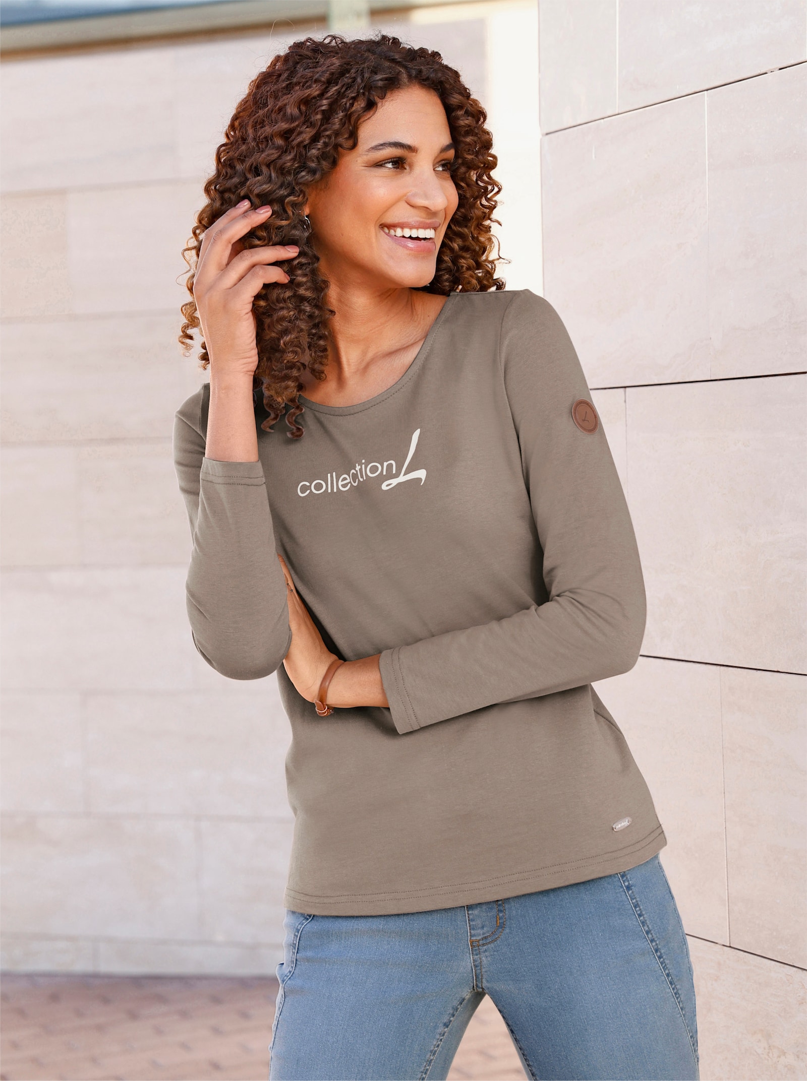 Shirt met lange mouwen en opschrift - taupe