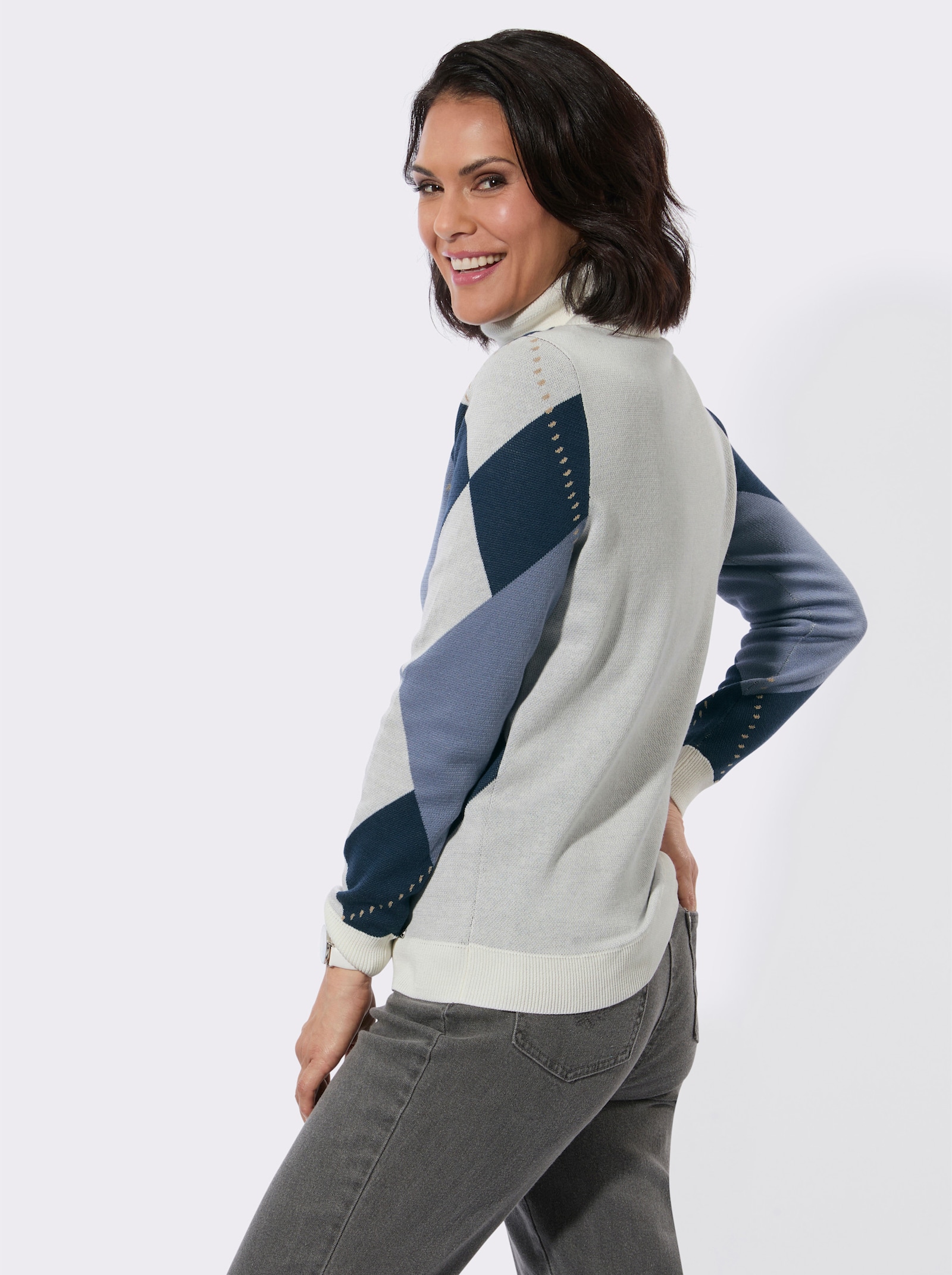 Rollkragenpullover mit Jacquard-Muster - dunkelblau-ecru