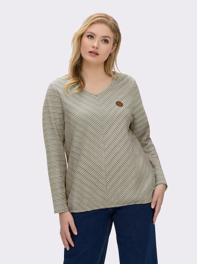 Langarmshirt mit elastischem Saum - oliv-ecru-gemustert