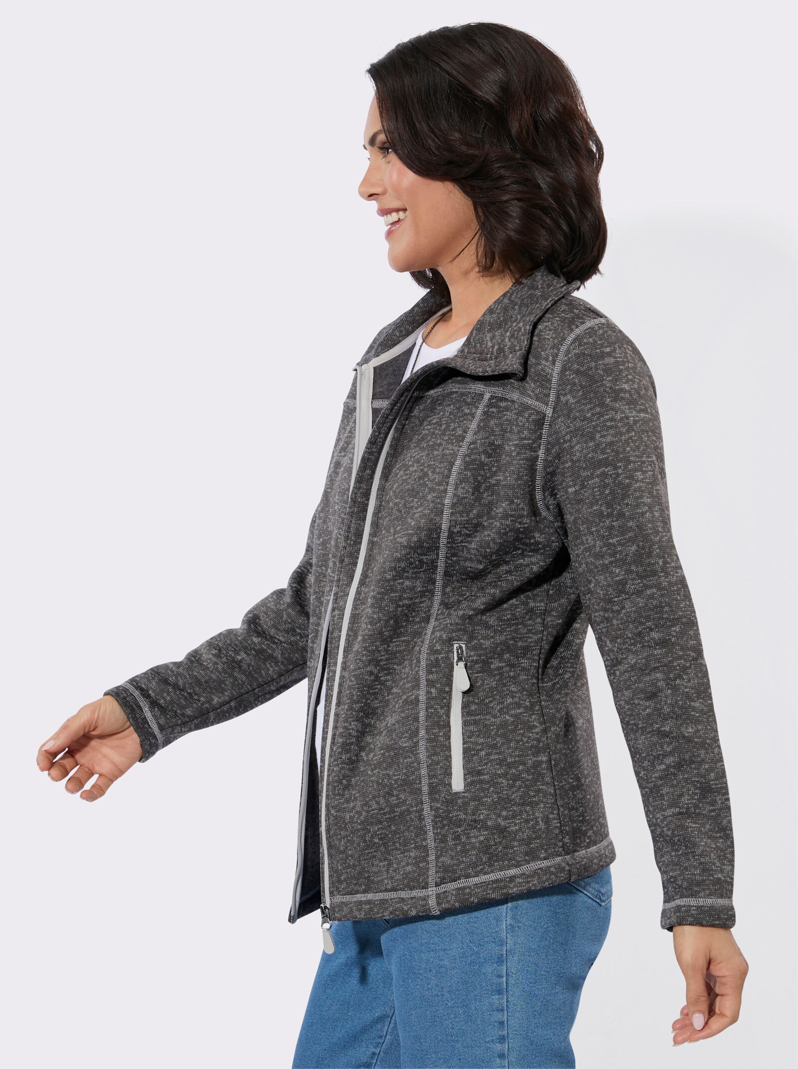 Strickfleece-Jacke mit Teilungsnähten - anthrazit-meliert