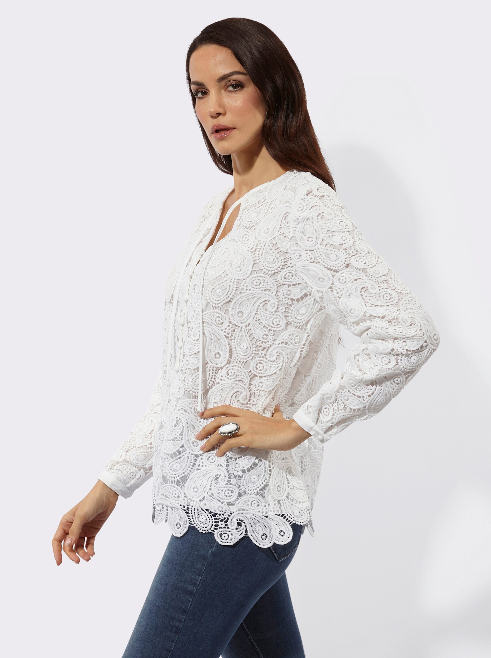 Spitzenbluse , blickdicht durch Baumwollfutter - ecru