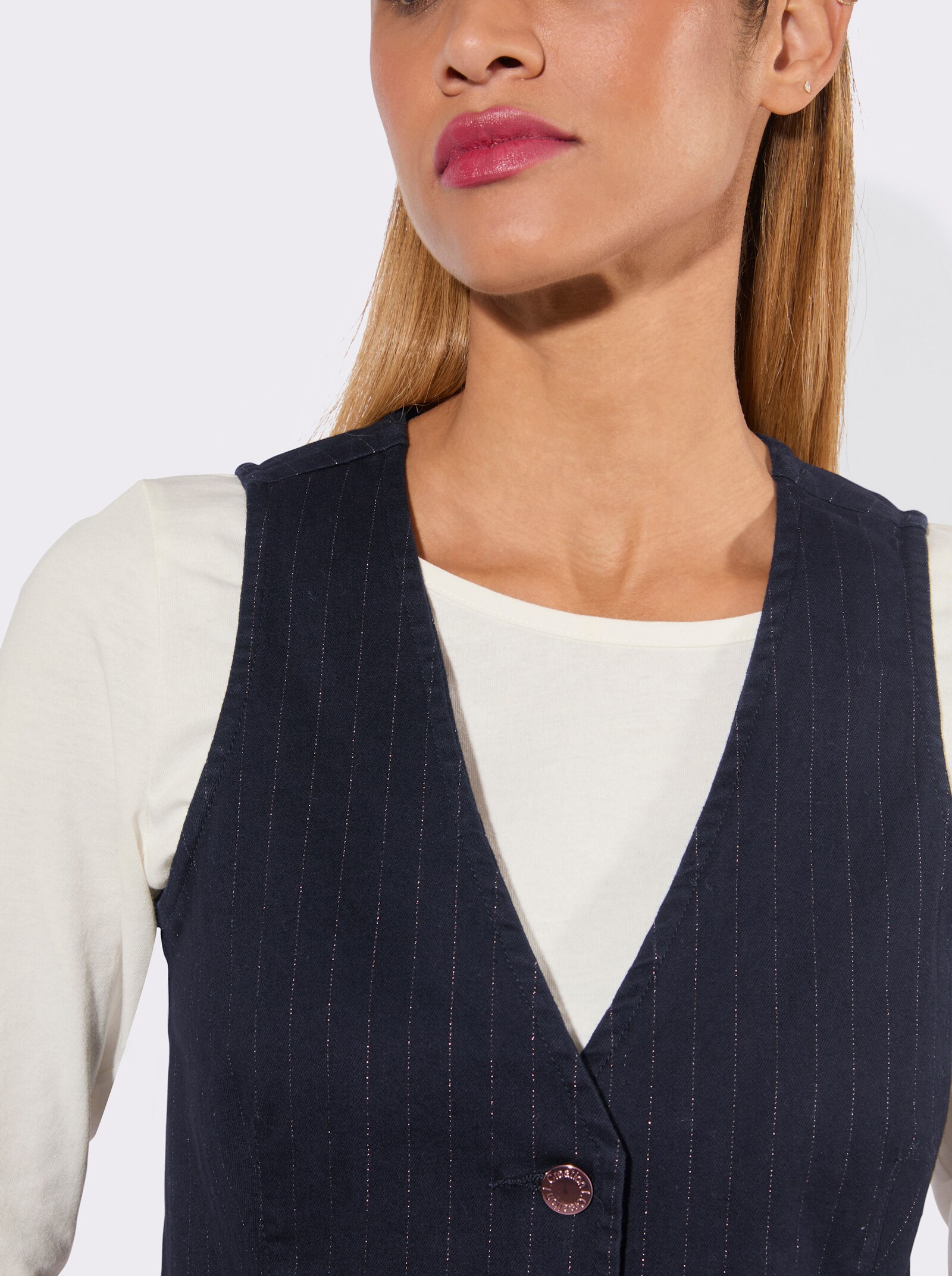 Jeansweste mit Zierspange - dark blue-roségoldfarben-gestreift