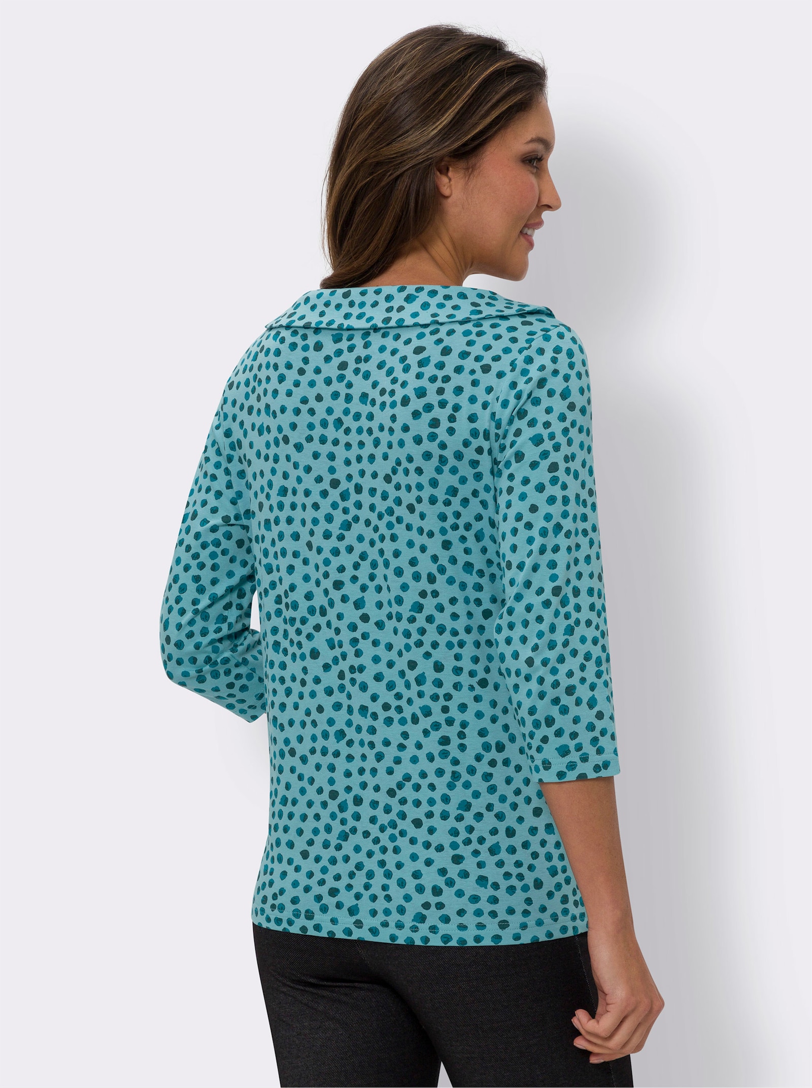 Tričko s 3/4 rukávem a ozdobnou sponou na výstřihu - mořská-petrolejová-potisk