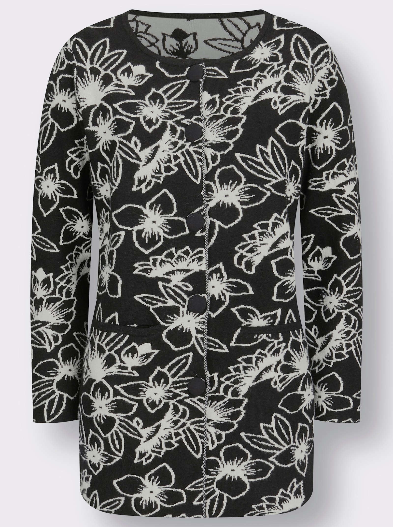 Jacquardstrickjacke mit Blüten-Jacquard-Muster - schwarz-champagner-gemustert