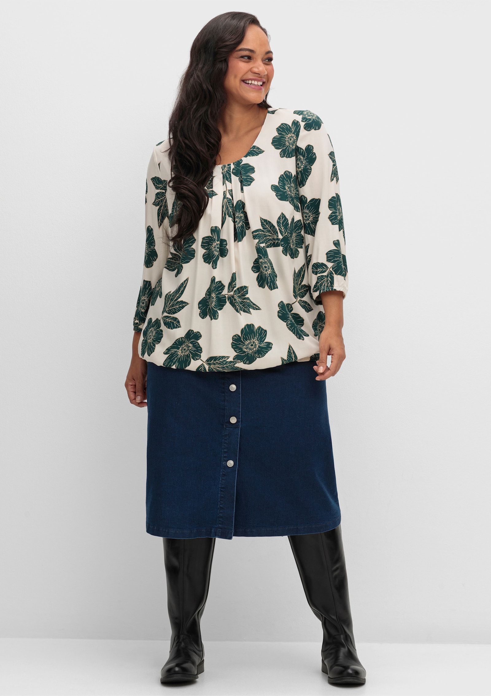 Schlupfbluse mit großen Blüten - champagner-petrol-bedruckt