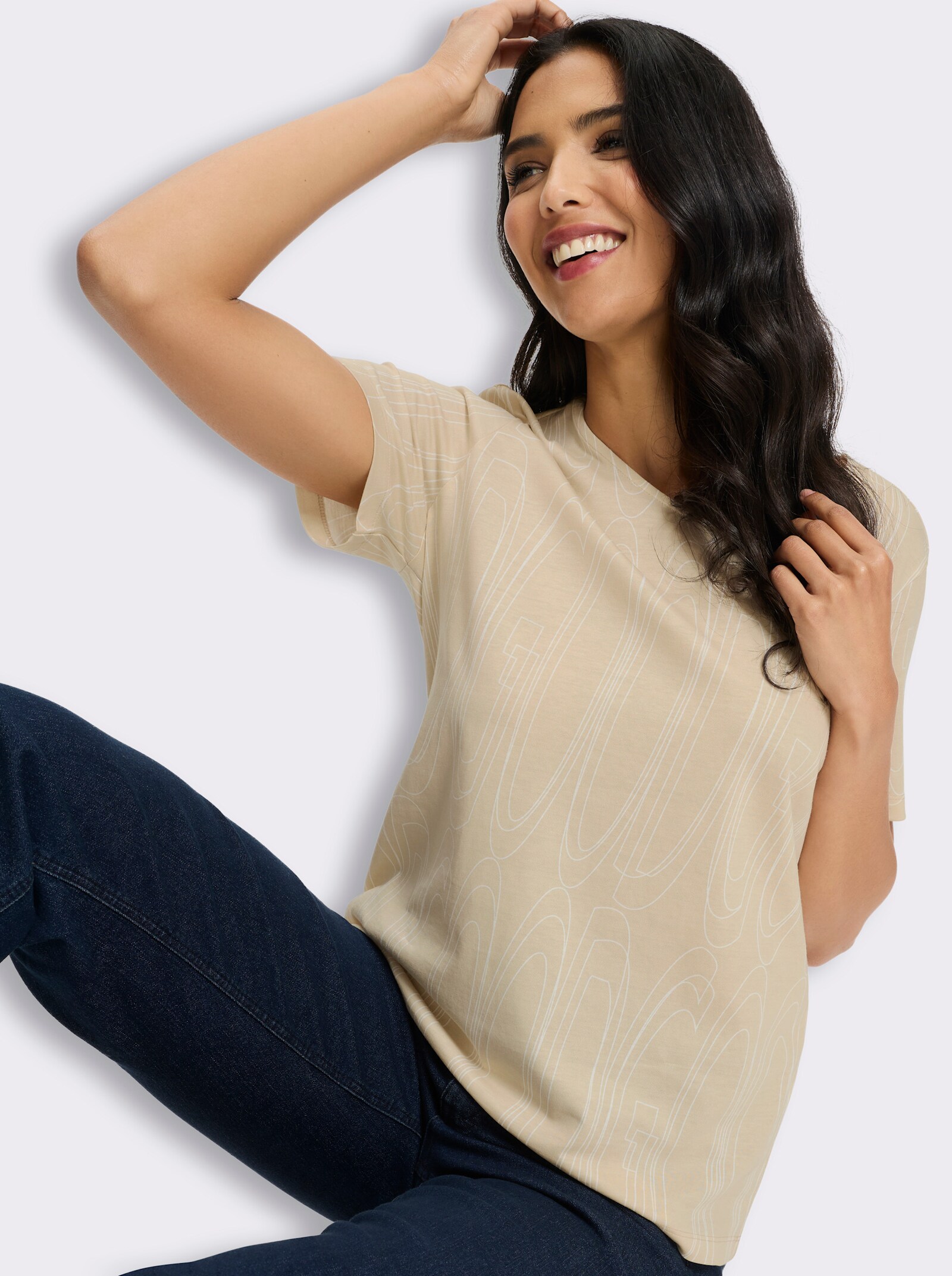 Kurzarmshirt mit Allover-Druck - sand-ecru-bedruckt