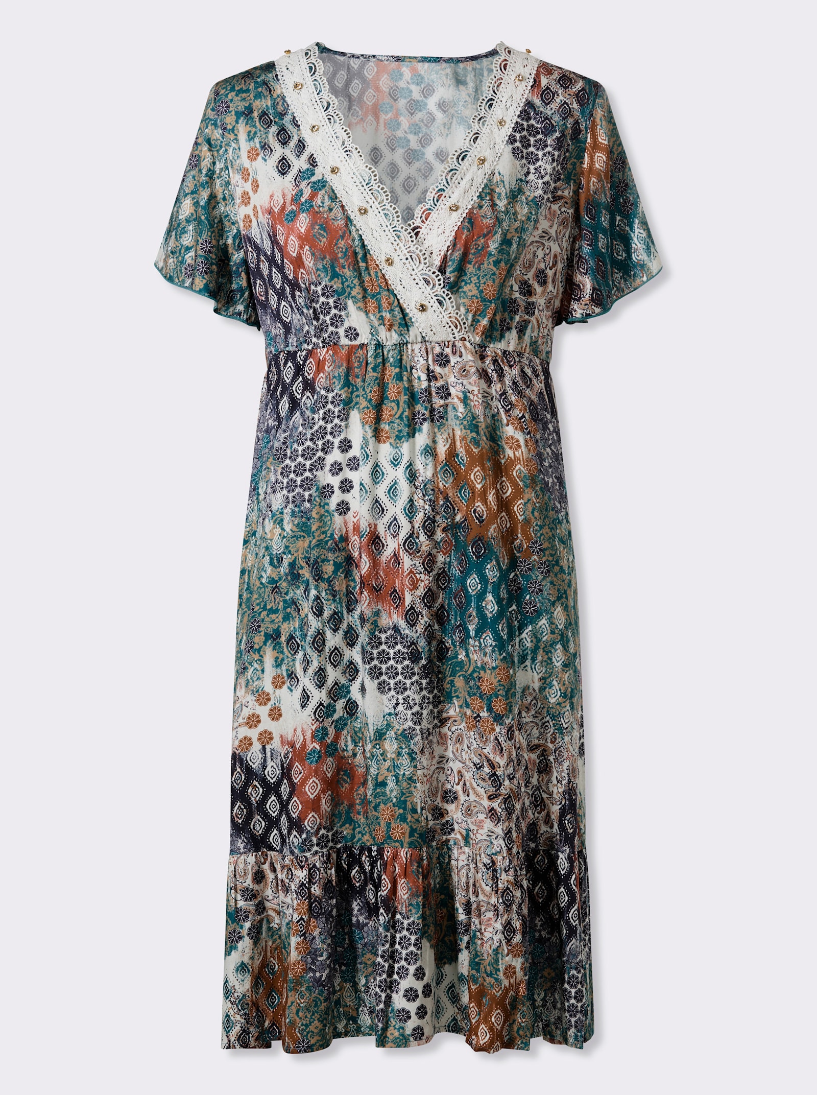 heine Druckkleid mit Spitze - aquapetrol-sand-bedruckt