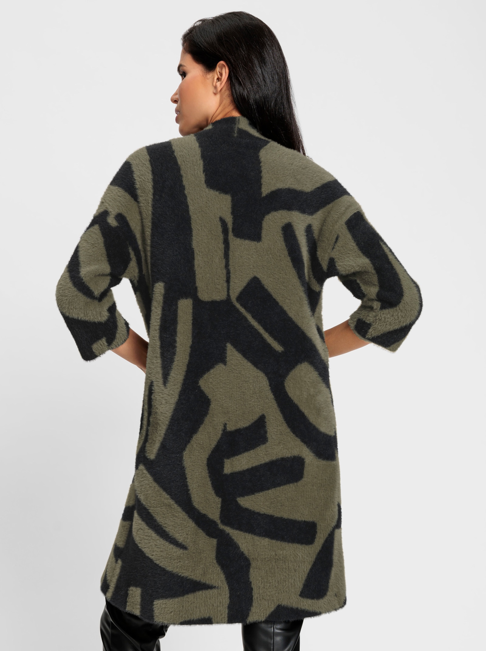 heine Gebreide mantel met pluisgaren - olijf/zwart gedessineerd