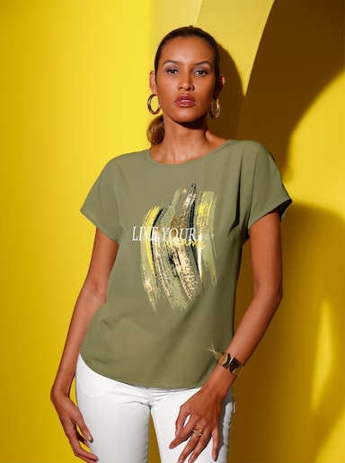 Bluse - khaki-goldfarben-bedruckt