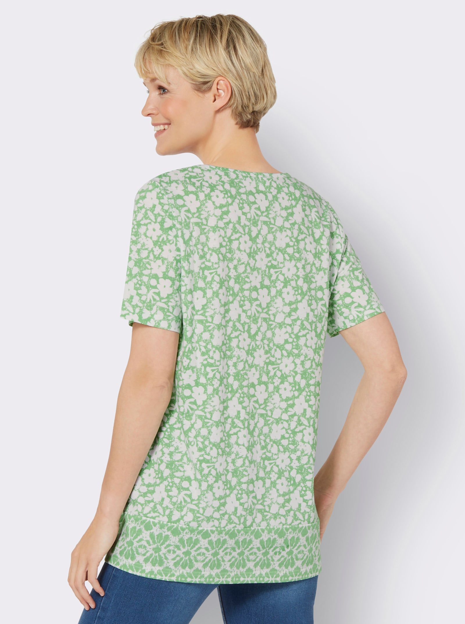Longshirt mit Blumen- und Bordüren-Druck - apfel-weiß-bedruckt