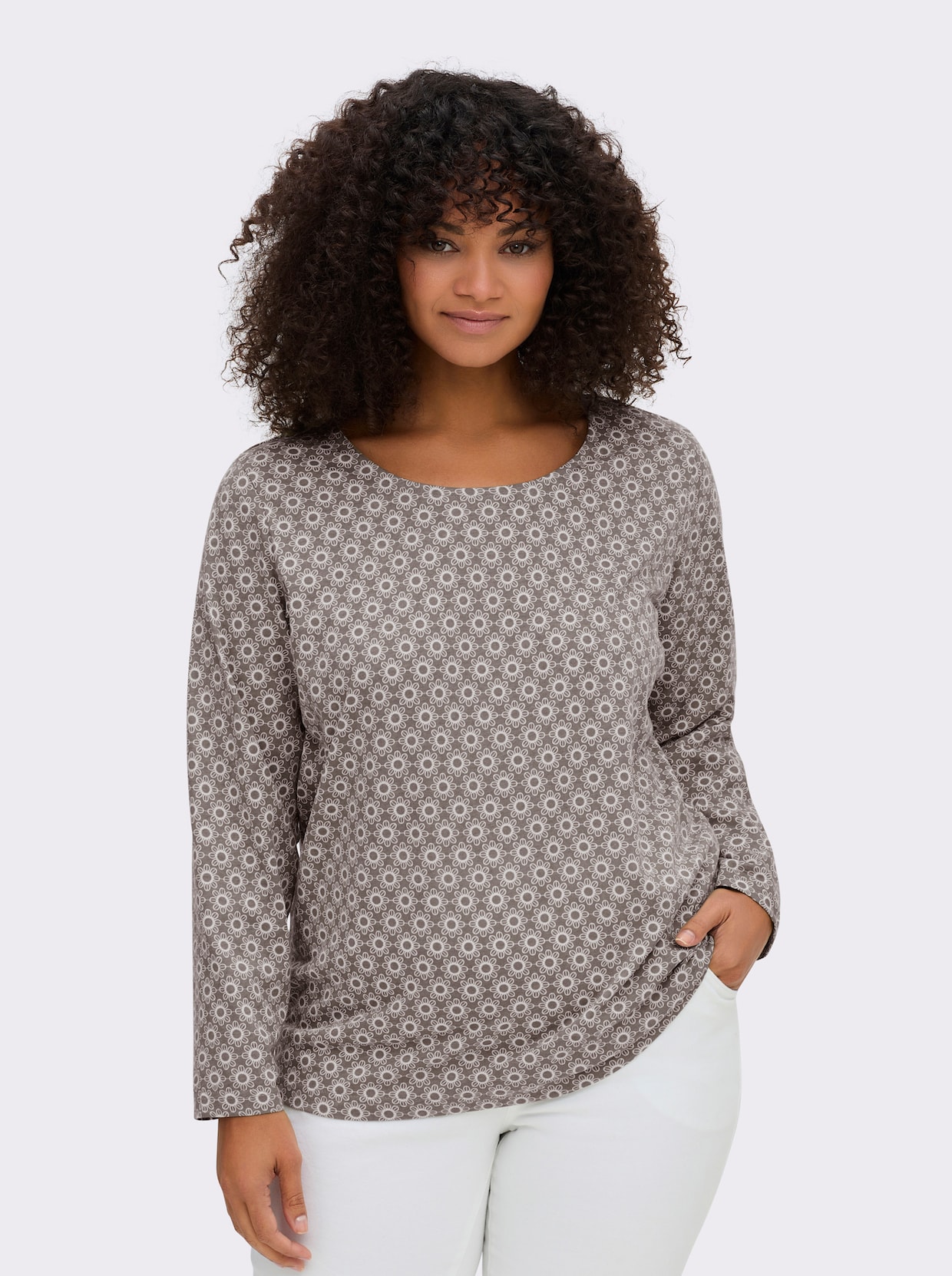 Langarmshirt im Minimal-Dessin - taupe-ecru-bedruckt