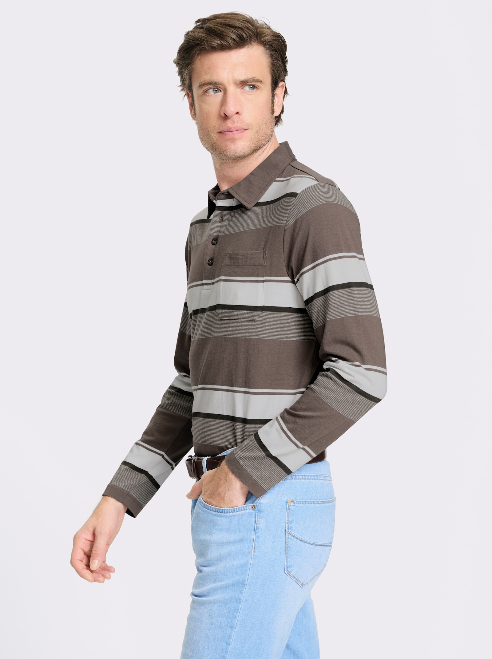 Marco Donati Langarmshirt im Streifen-Dessin allover - dunkeltaupe-gestreift