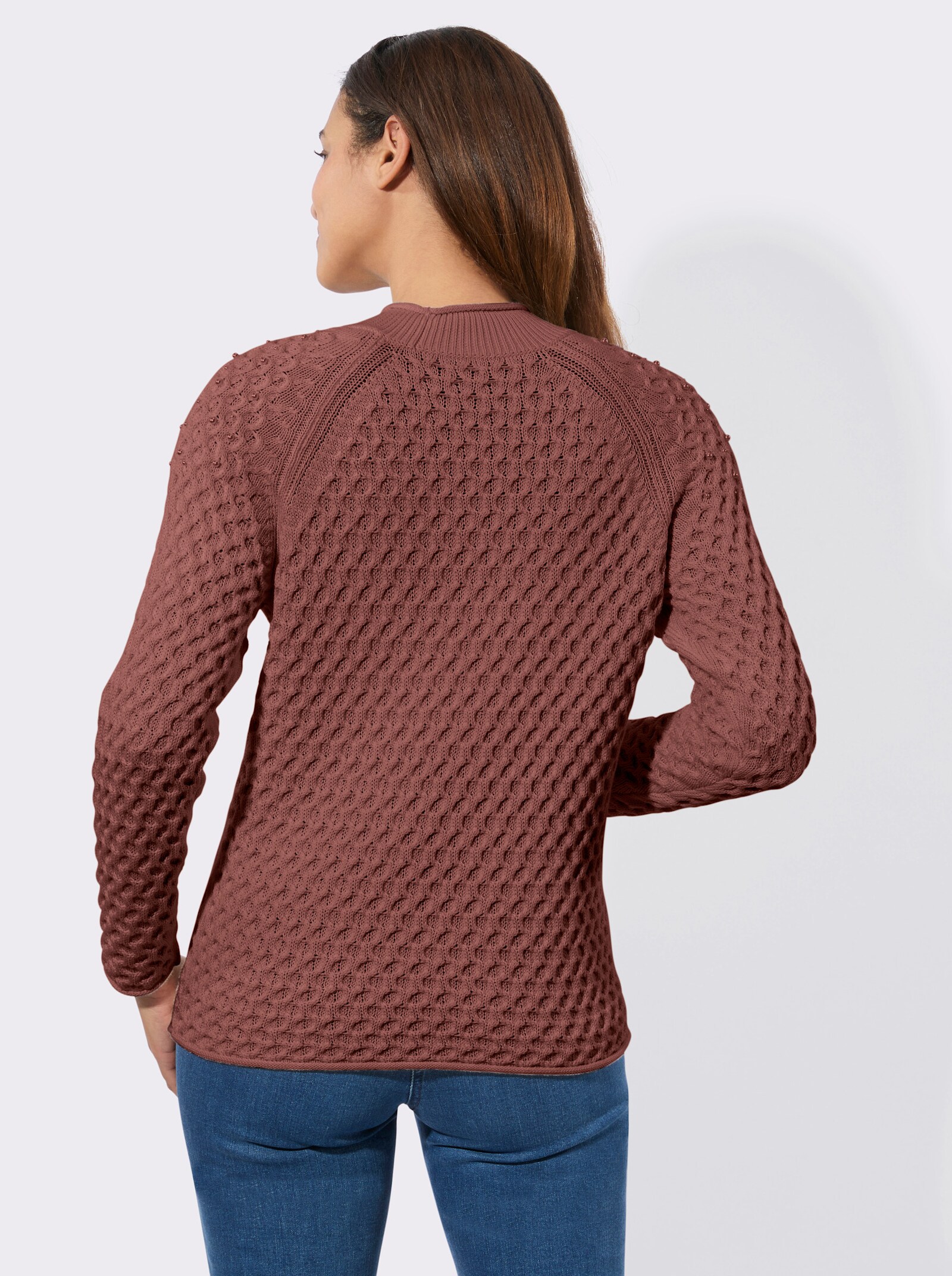 Stehkragenpullover mit Zierperlen - rotbraun