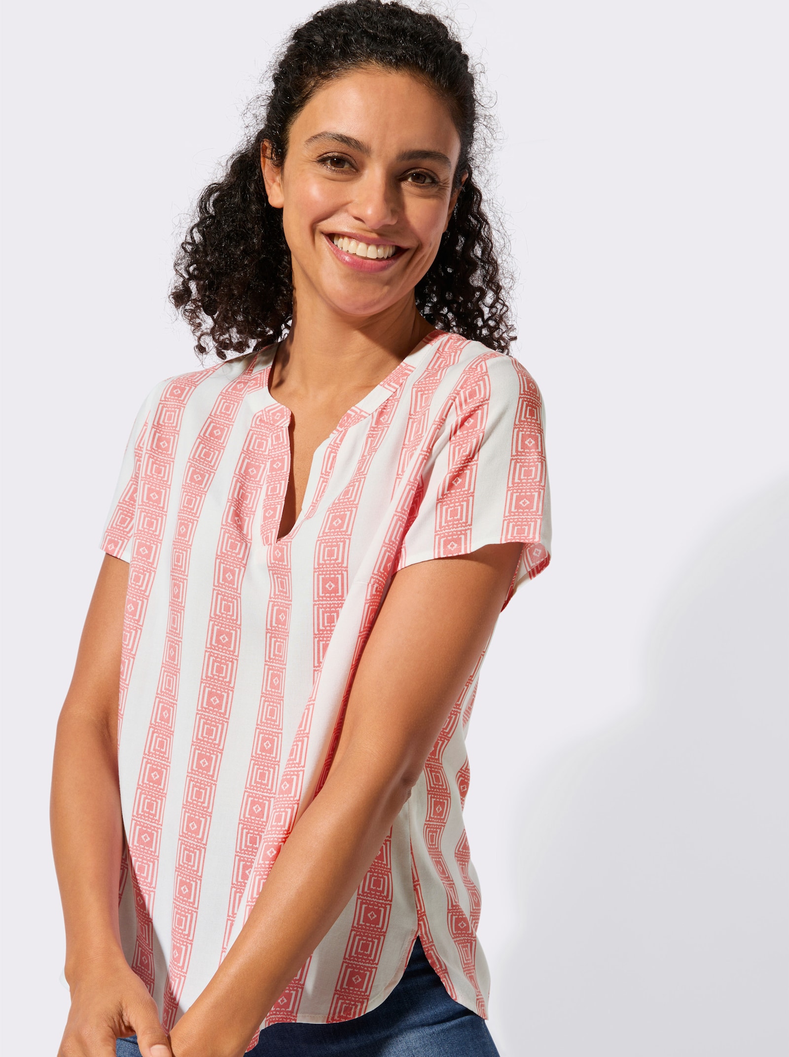 Kurzarmbluse mit Längsstreifen - flamingo-weiß