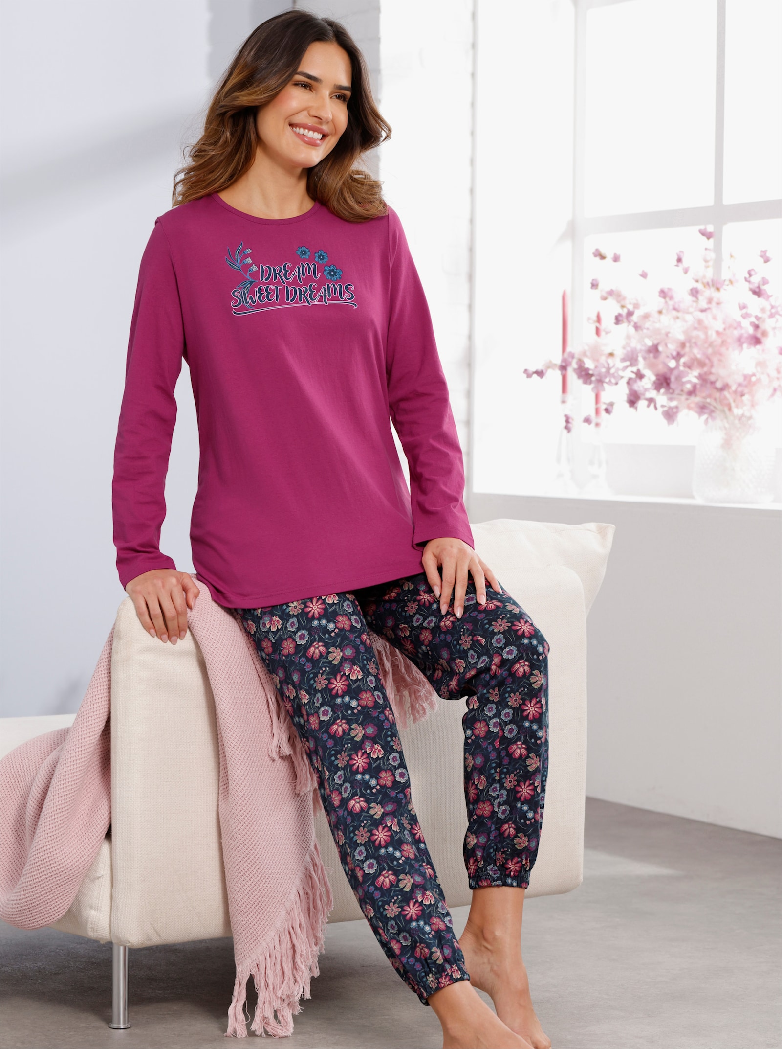 Pyjama met gebloemde broek - heide/marine