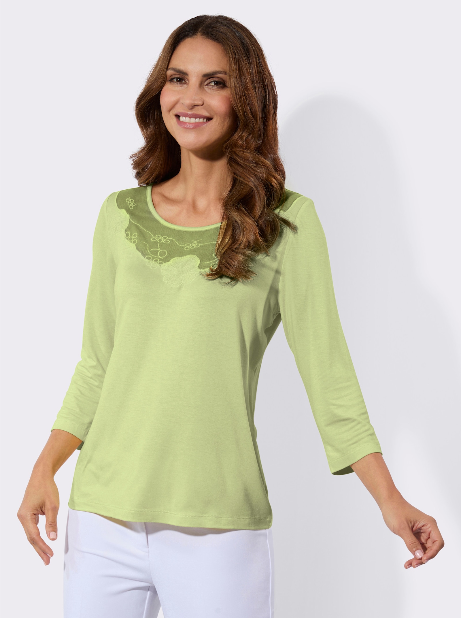 Shirt met 3/4-mouwen en transparante inzetten - pistache