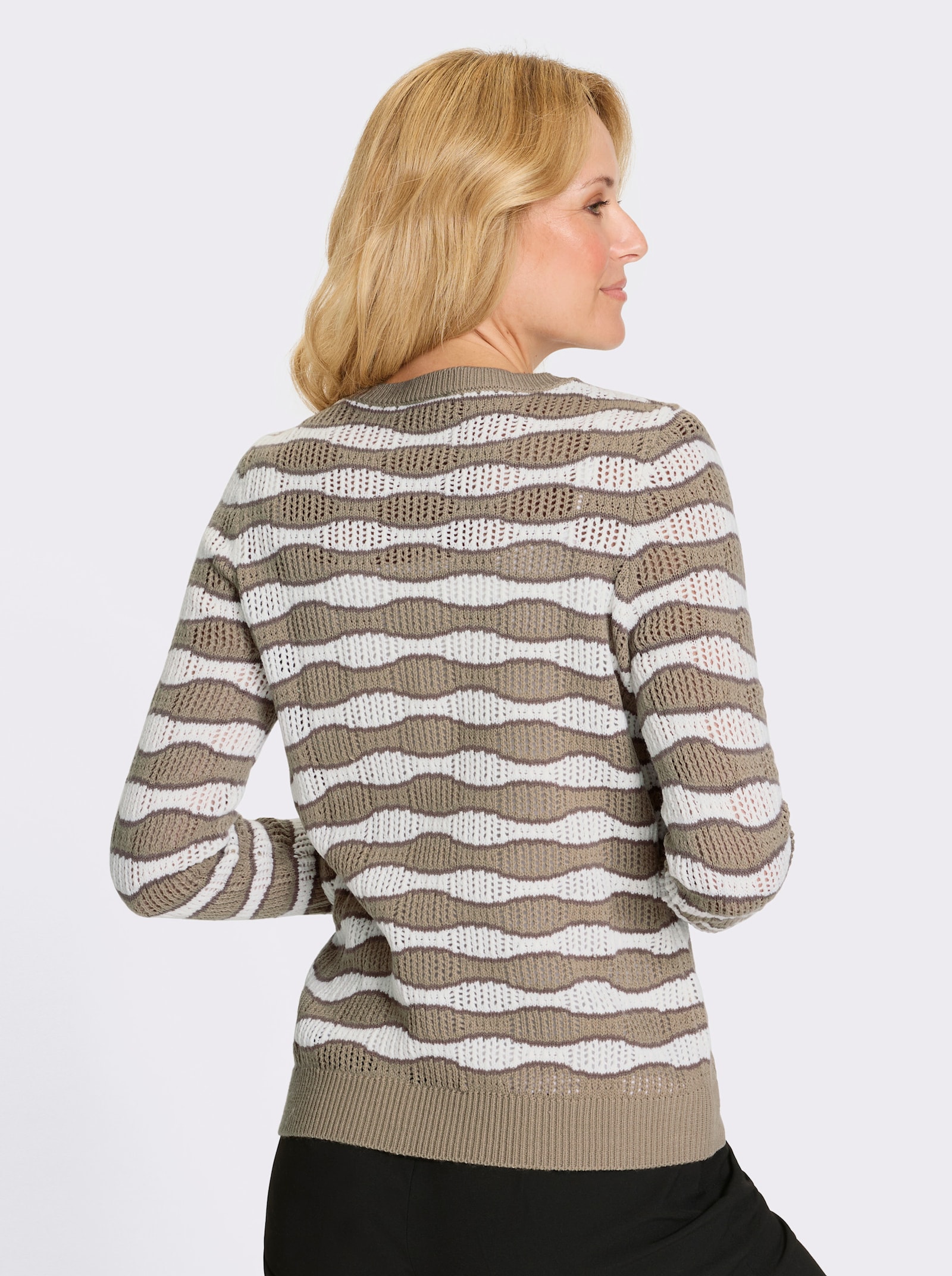 Ažurový svetr s vlnitým proužkovaným vzorem - sezamová-ecru-vzor