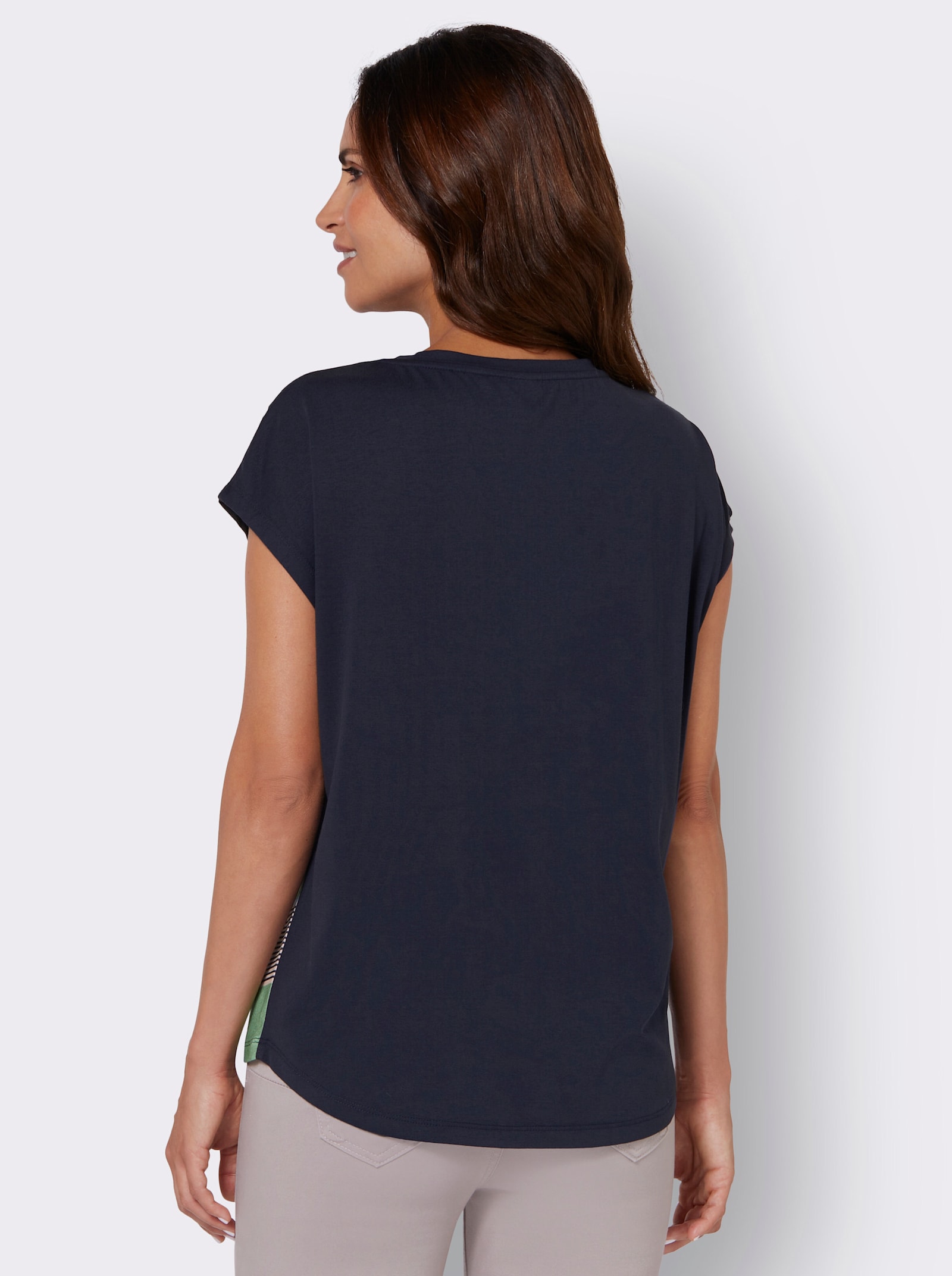 Kurzarmshirt hinten länger geschnitten - marine-apfel-bedruckt