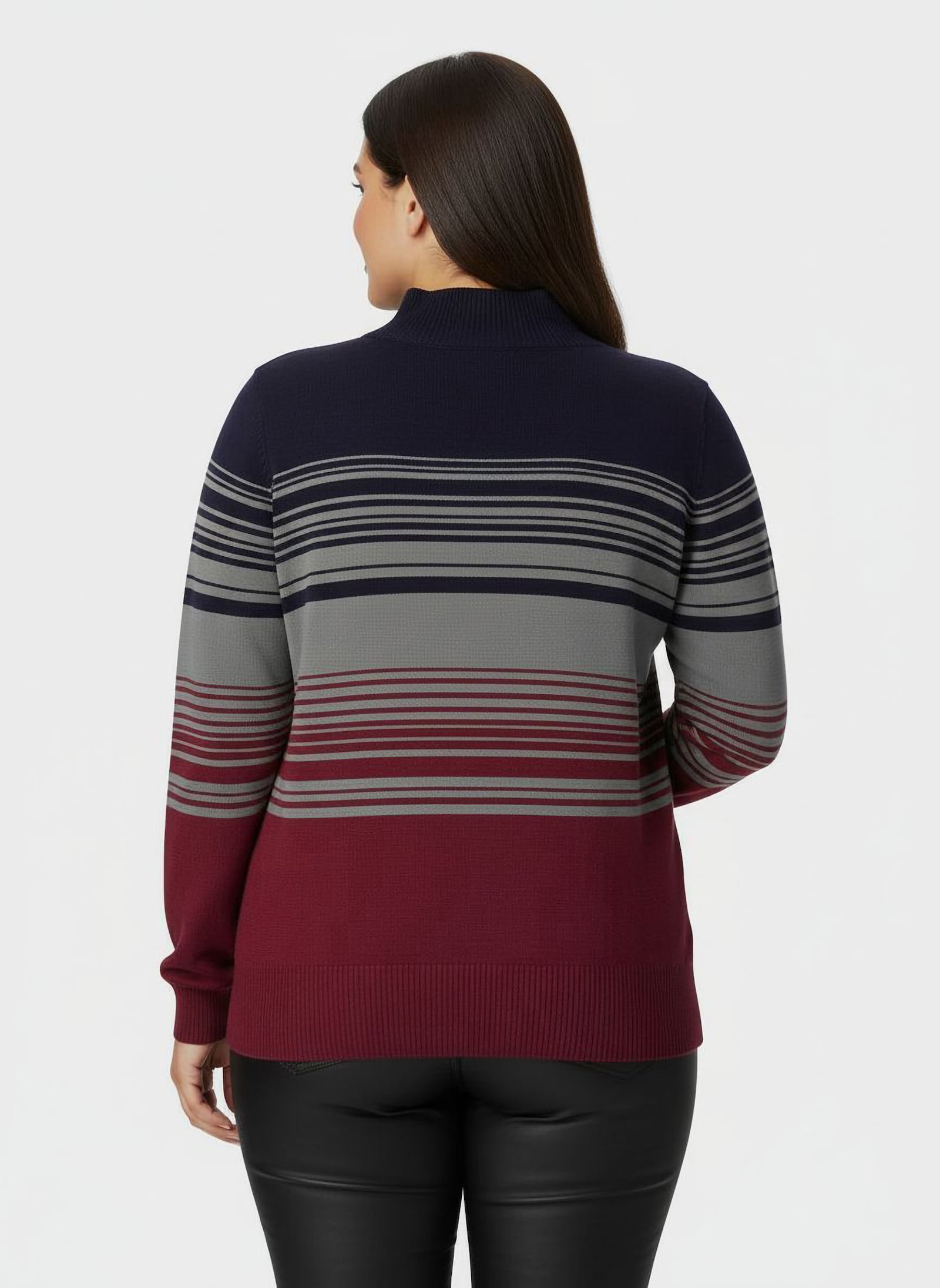 Stehkragenpullover mit Streifen - dunkelrot-grau-gestreift