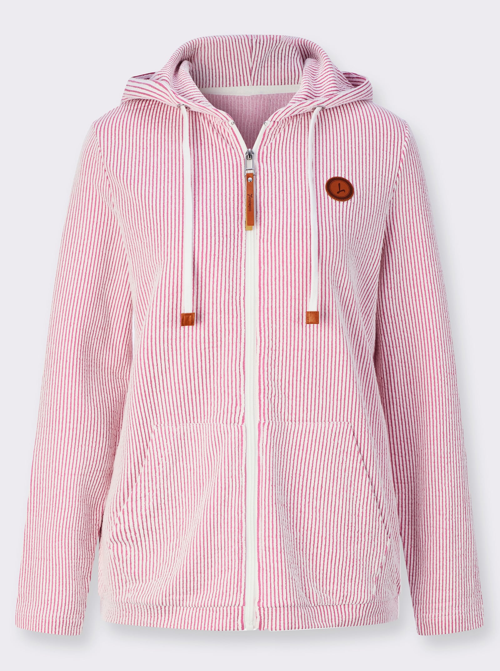Sweatjacke mit Känguru-Tasche - fuchsia-ecru-gestreift
