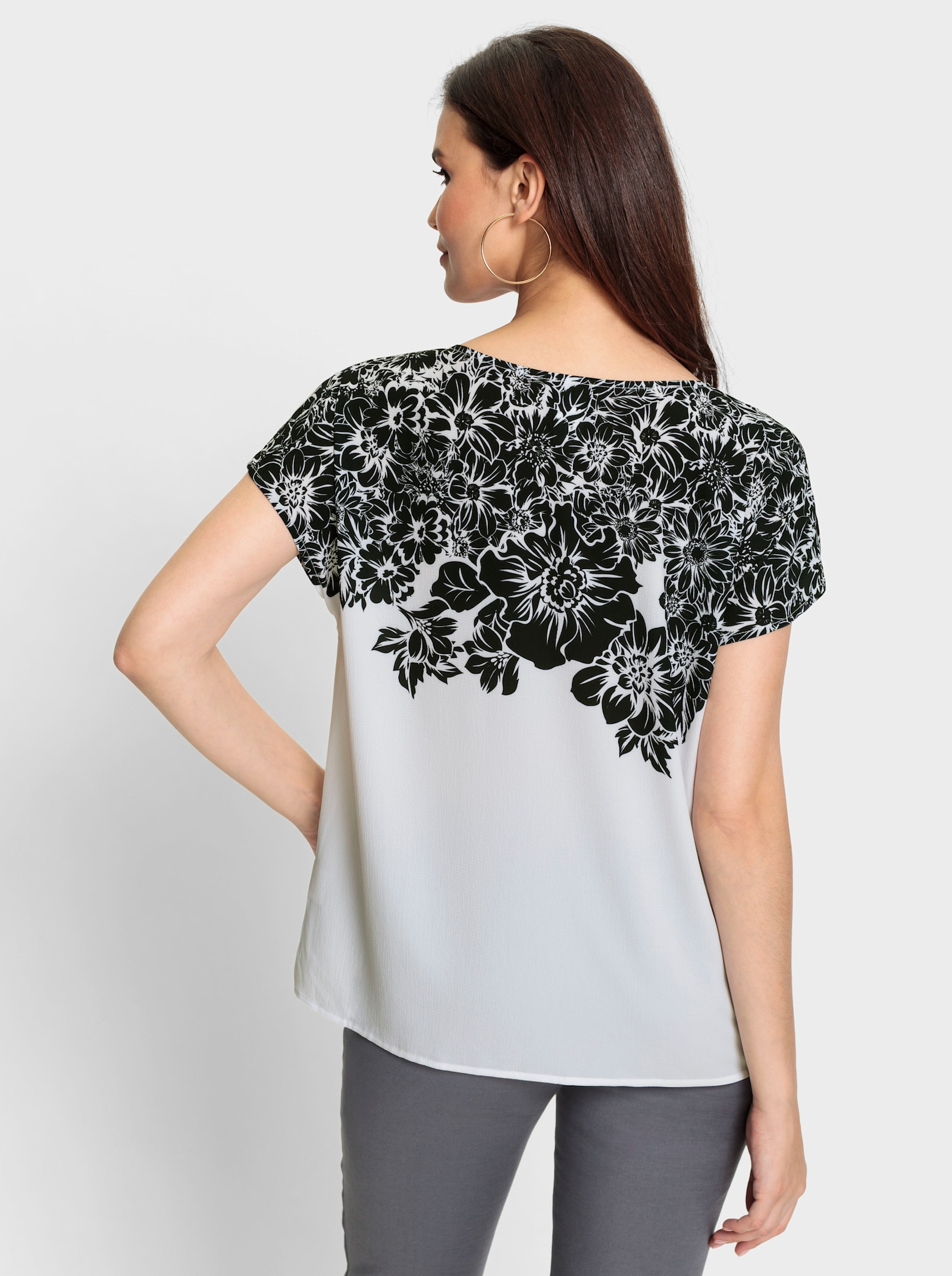 Comfortabele blouse met bloemenprint - wit/zwart geprint