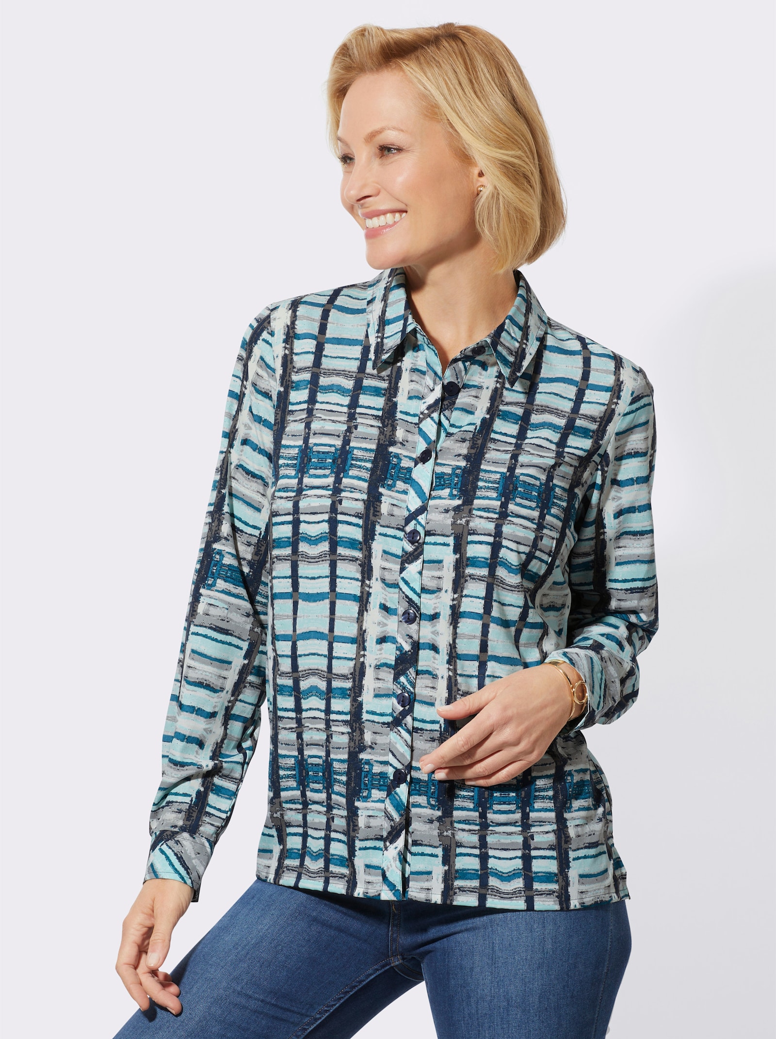 Blouse met lange mouwen en overhemdkraag - kalkmint/donkerblauw bedrukt