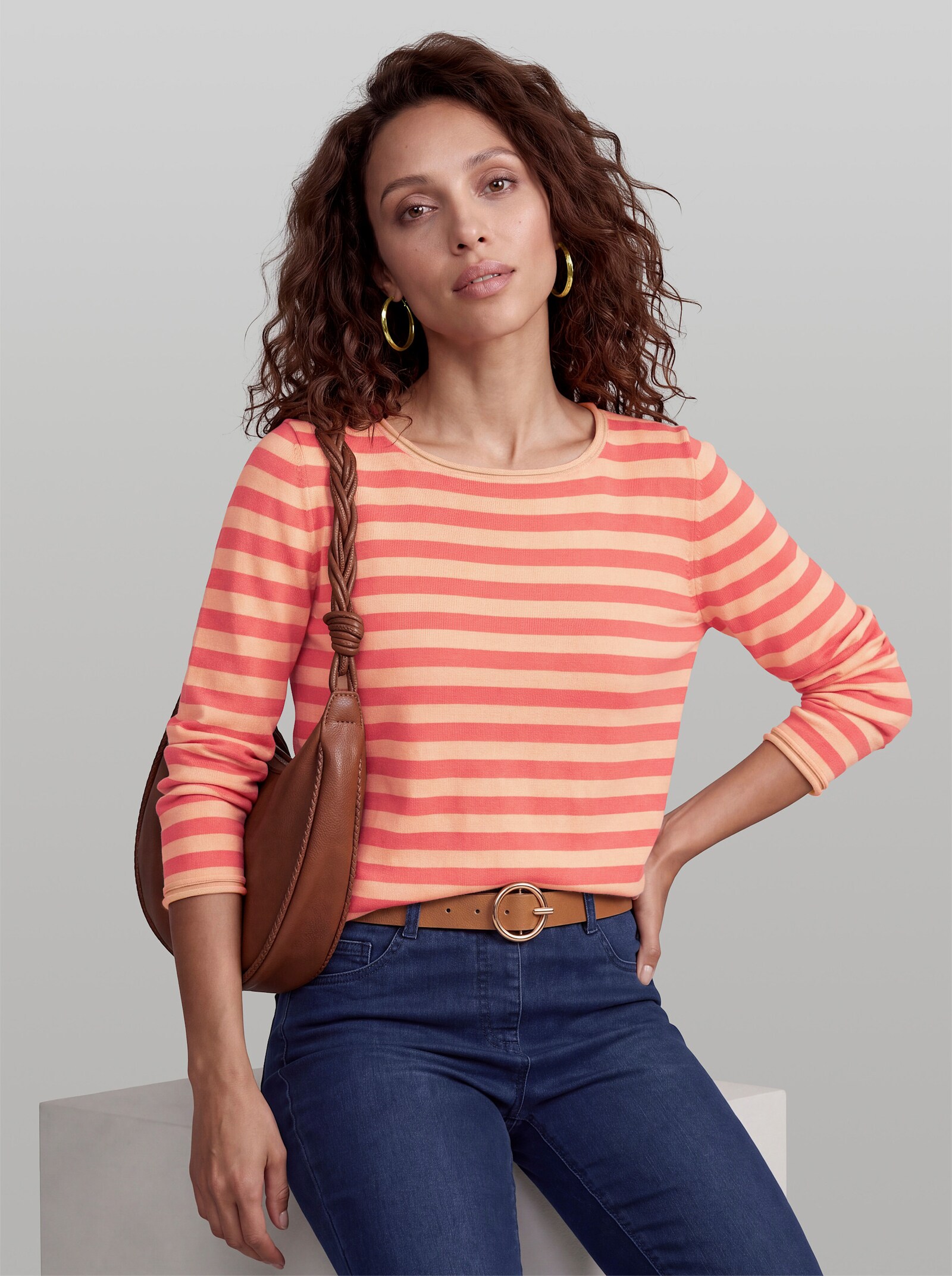 heine Feinstrickpullover mit Rollbündchen - koralle-apricot-geringelt