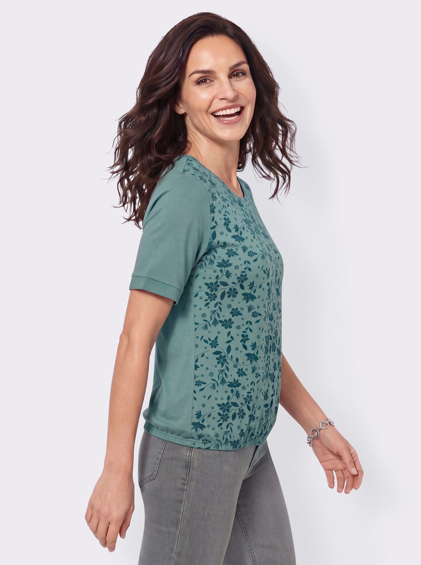 Kurzarmshirt mit Gummizug am Saum - jade