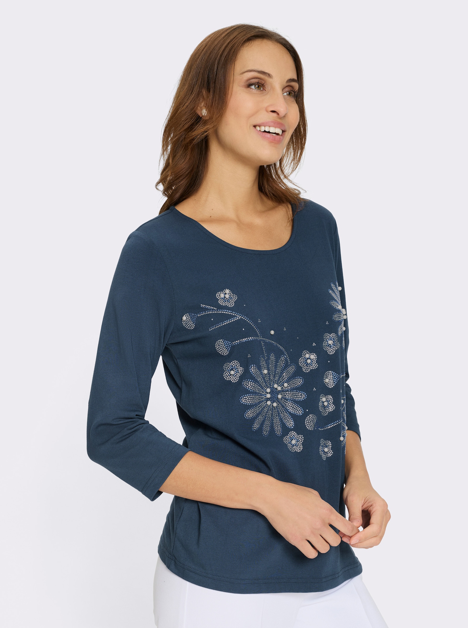 Rundhalsshirt mit Zierperlen und Glitzersteinchen - dunkelblau