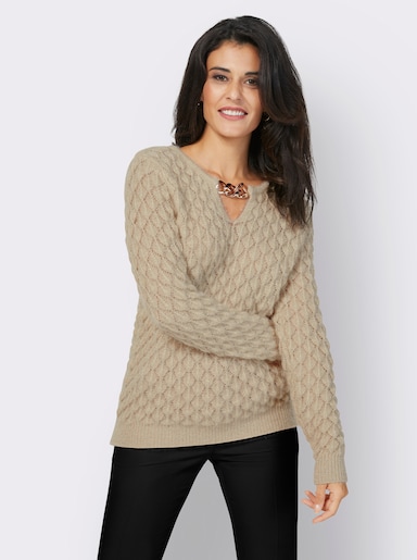 Ajourpullover mit Ketten-Applikation - sand