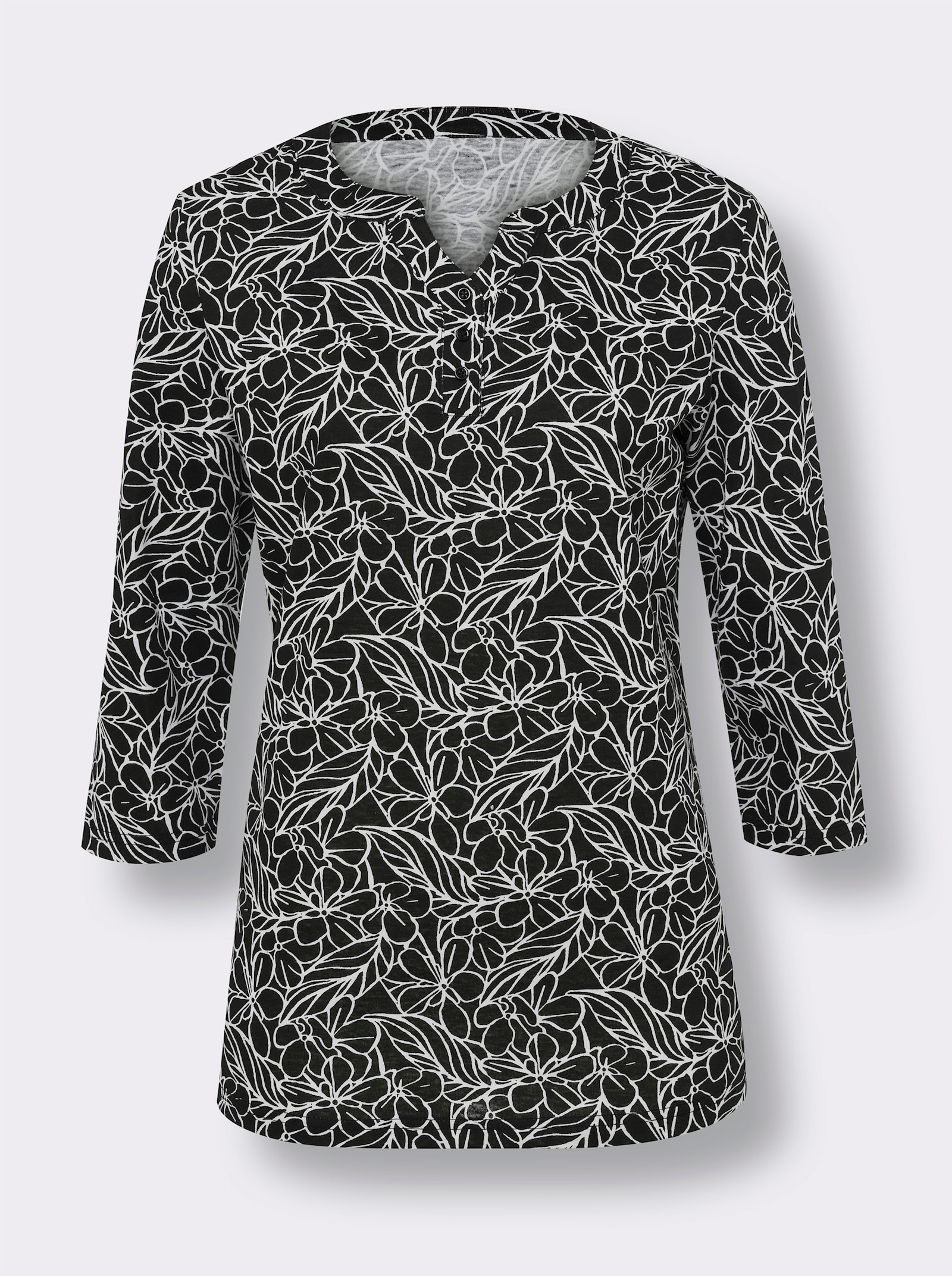 Shirt met 3/4-mouwen in bloemdessin - zwart/ecru geprint
