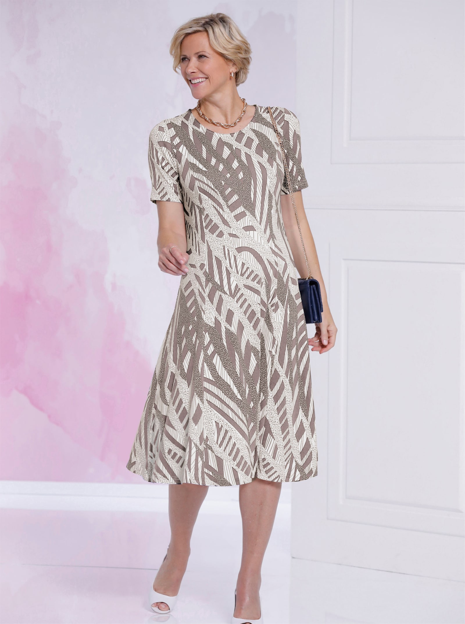 Jerseyjurk in comfortmodel - taupe/ecru geprint