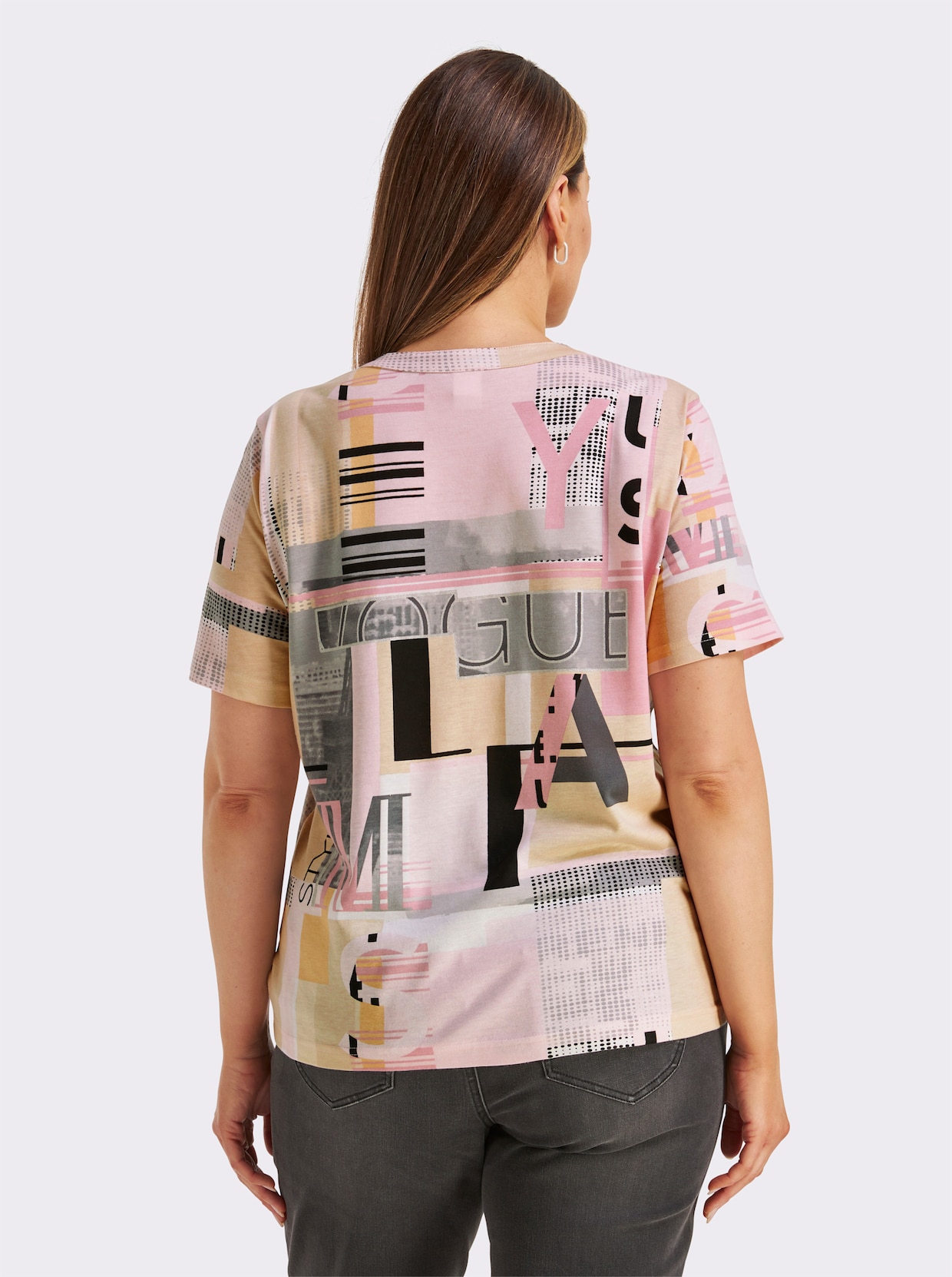 Kurzarmshirt im Baumwoll-Modal-Mix - hortensie-sand-bedruckt