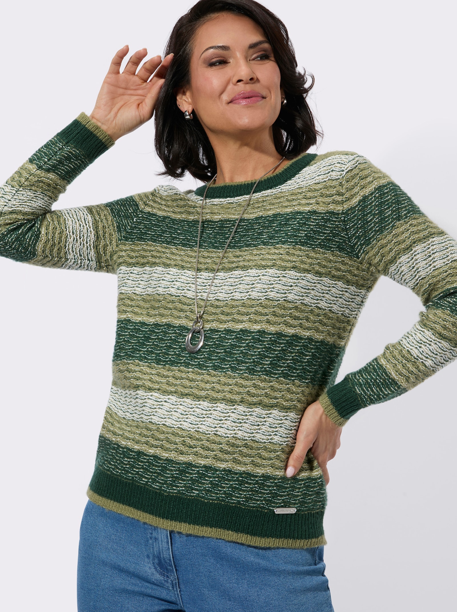 Streifenpullover mit Rundhalsausschnitt - moos-schilf-gemustert