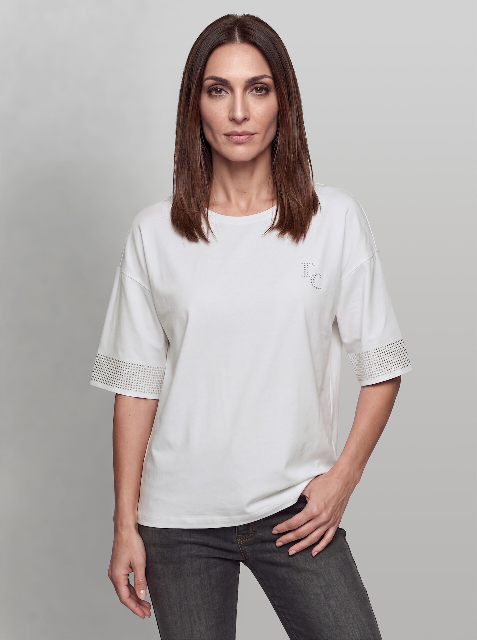 heine Kurzarmshirt mit Ziersteinchen - ecru-bedruckt