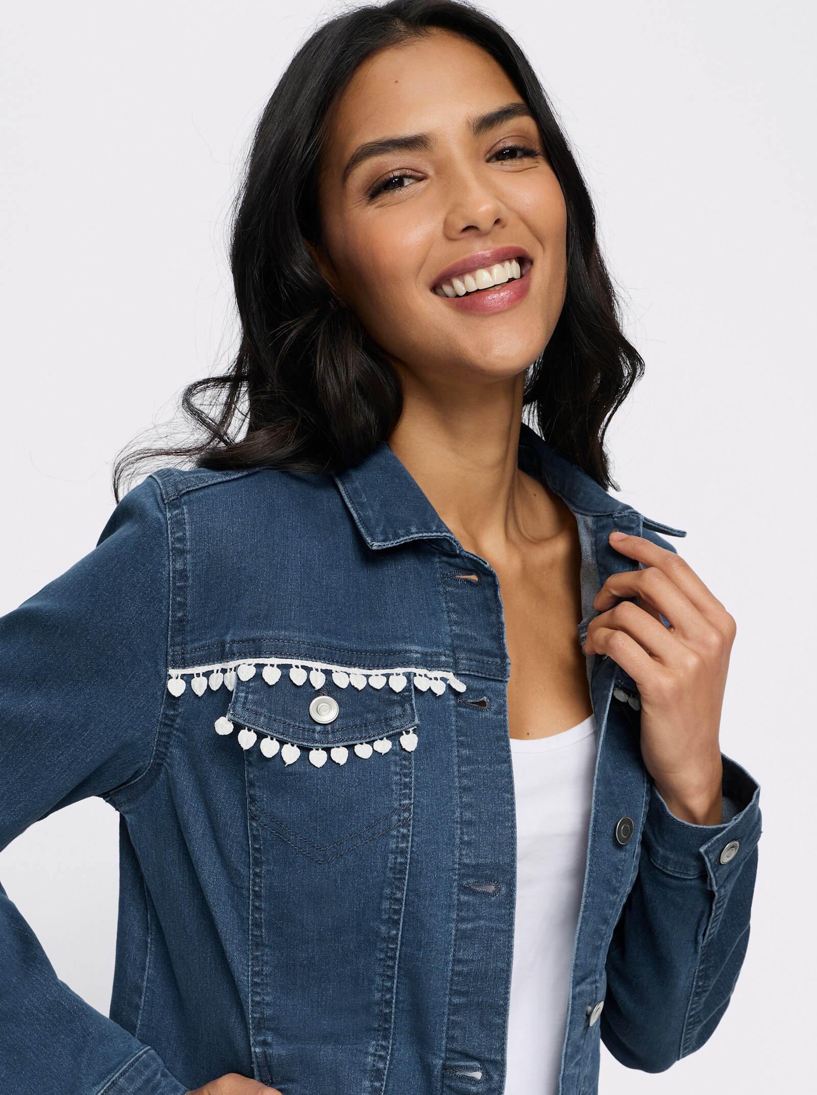 Jeansjacke mit Spitzenband - blue-stone-washed