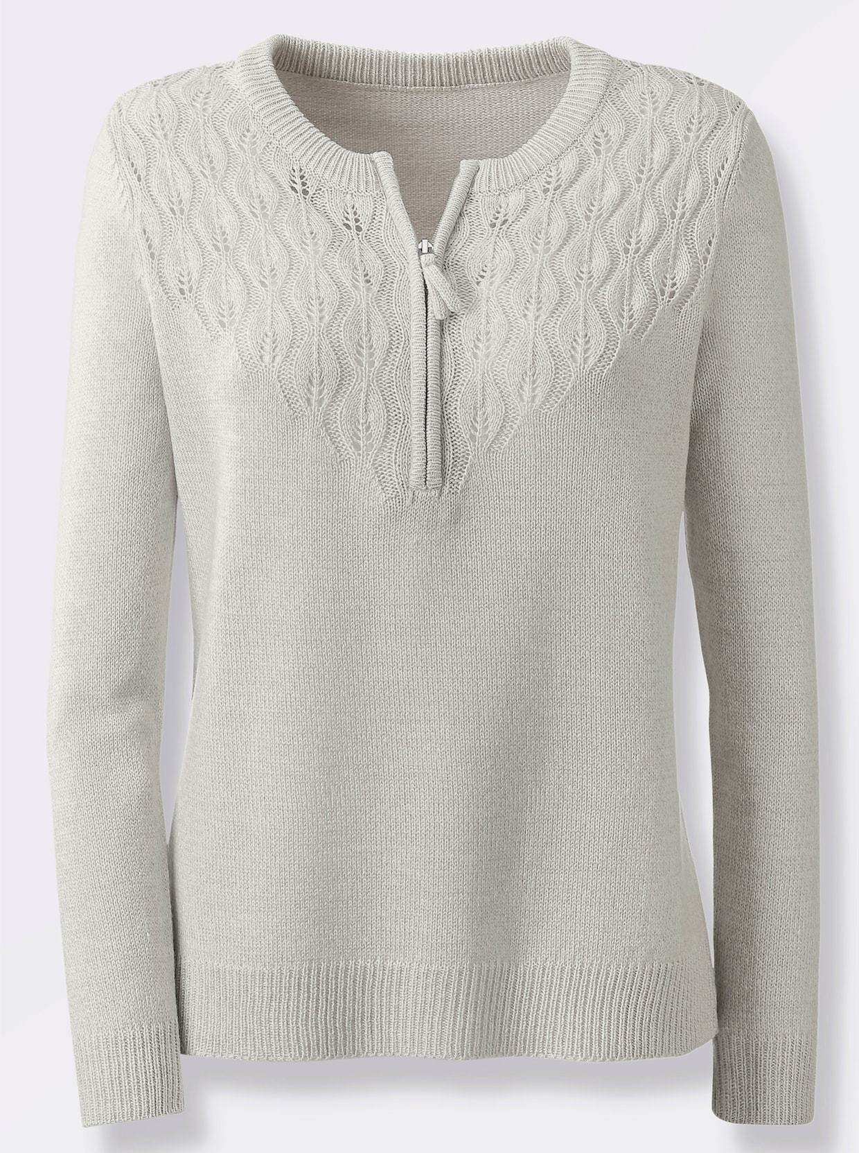 Pullover met met ronde hals en korte ritssluiting - lichtgrijs gemêleerd